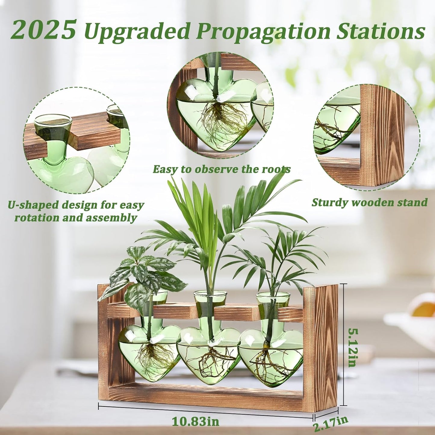 Lifecapido Heart Shaped Propagation Stations, Plant Terrarium with Wooden Stand, Plant Propagation Station for Hydroponics Office Garden Home Decor, Gifts for Women Plant Lover (3 Vases, Mint Green)