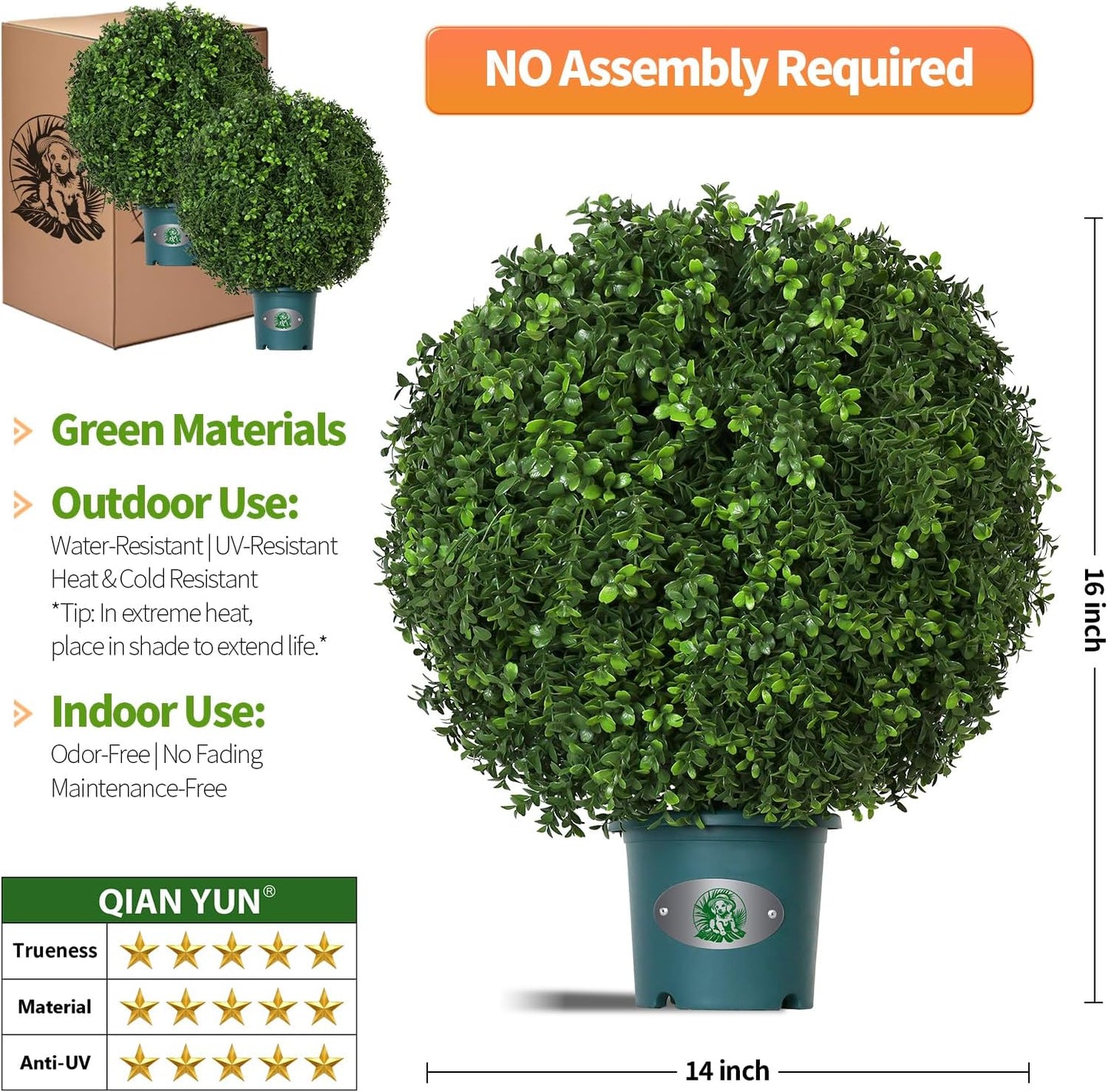 QIANYUN Artificial Plants Outdoor-14Inch Fake Plants Faux Boxwood Plants Outdoor- UV Resistant Shrub for Outdoor/Indoor Decor, Perfect for Porch, Garden, and Backyard
