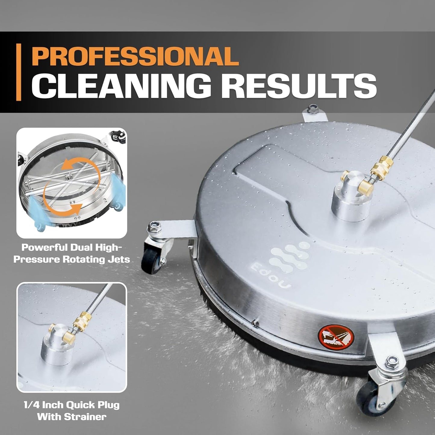 EDOU Pressure Washer Surface Cleaner - 20-Inch Stainless Steel Cleaner, 2 Replaceable Nozzles, 2 Washer Wand Attachments, 4 Wheels - 4000 PSI Maximum Pressure - 1/4" Quick Connector