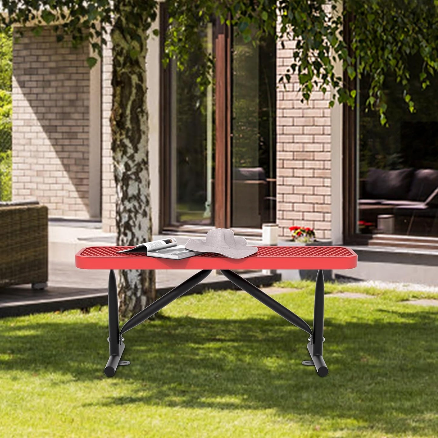 4 Feet Heavy Duty Metal Park Bench for Outside, Outdoor Bench with Portable Frame, Commercial Benches for Shopping Mall, Store, Park, Patio, Deck, Red