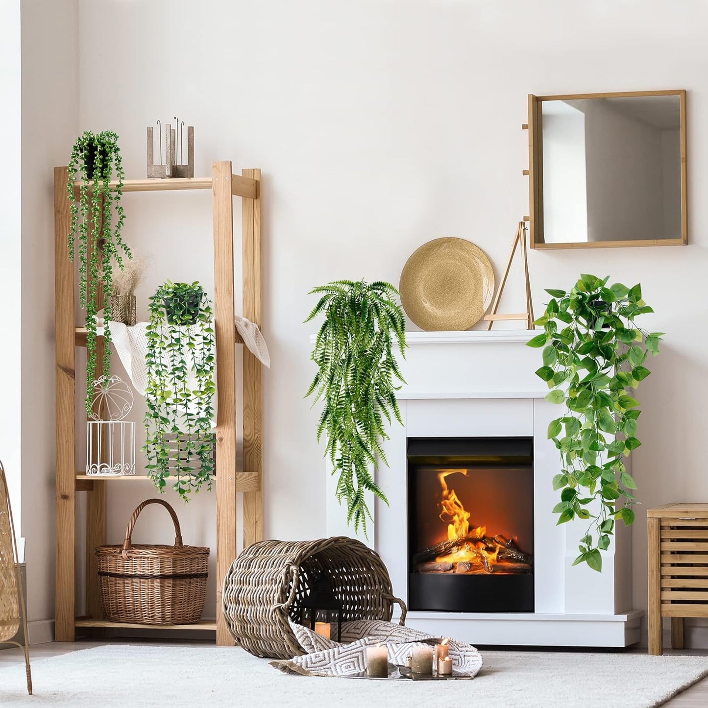 Sggvecsy Fake Hanging Plants 4 Pack Artificial Hanging Plants Fake Potted Greenery Faux Eucalyptus Vine String of Pearls Boston Fern Ivy Vine Leaves for Home Indoor Outdoor Shelf Wall Garden Decor