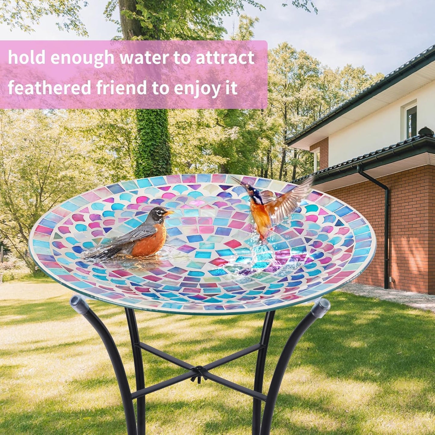 MUMTOP Mosaic Glass Bird Baths, 14 Inch Width Outdoor Garden Bird Bath Bowl with Metal Stand, Unique Glass Birdbaths Bird Feeder for Yard Decor, 19.68 Inch Height