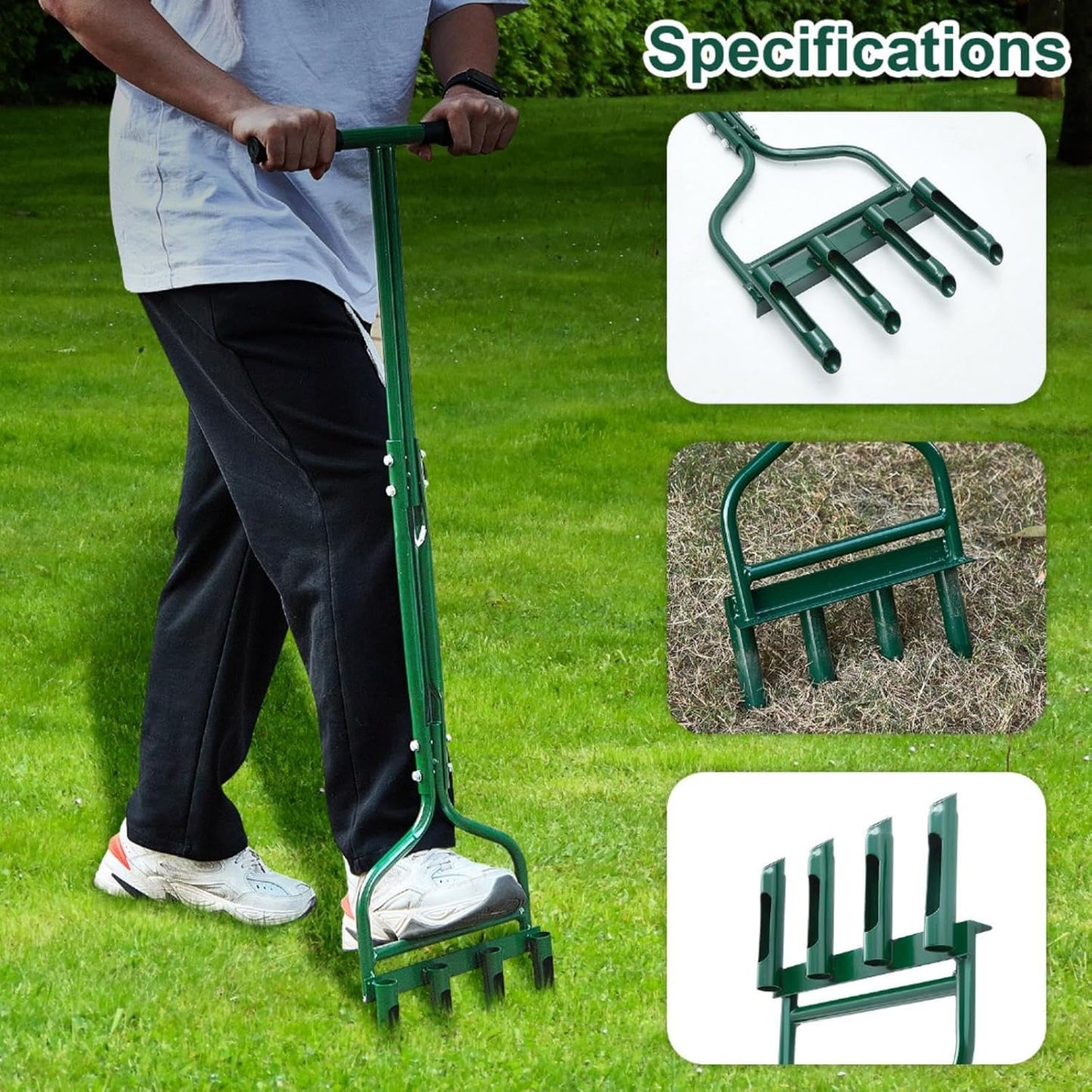 Lasnten Lawn Aerator Tool 42 Inch Manual Core Plug Aerator with 4 Slope Top Half Open Slot Hollow Tines Heavy Duty Plug Core Aerator for Soils Yard Garden, Green