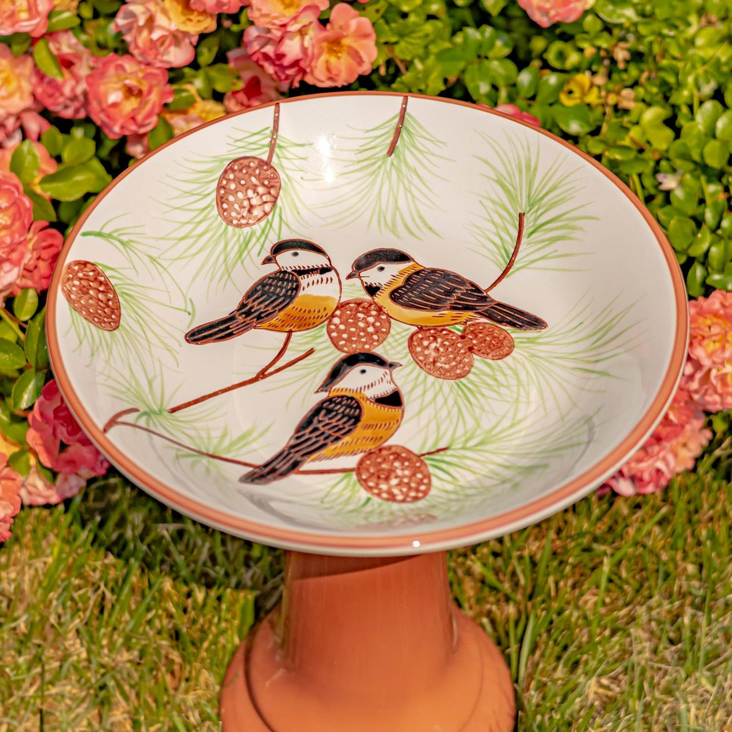 Zaer Ltd. Porcelain Birdbath with Hand Painted Details (15" Tall, Finch Birds & Pine Tree)