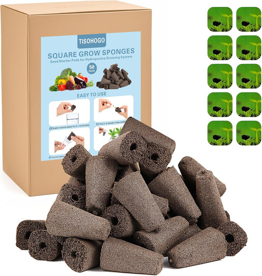 50 Pack Square Seed Starter Pods for Indoor Hydroponics Growing System, 50pcs Squared Grow Sponges with 10 Square Pods Labels, Supplies Replacement Compatible with IDOO, QYO, LYKO