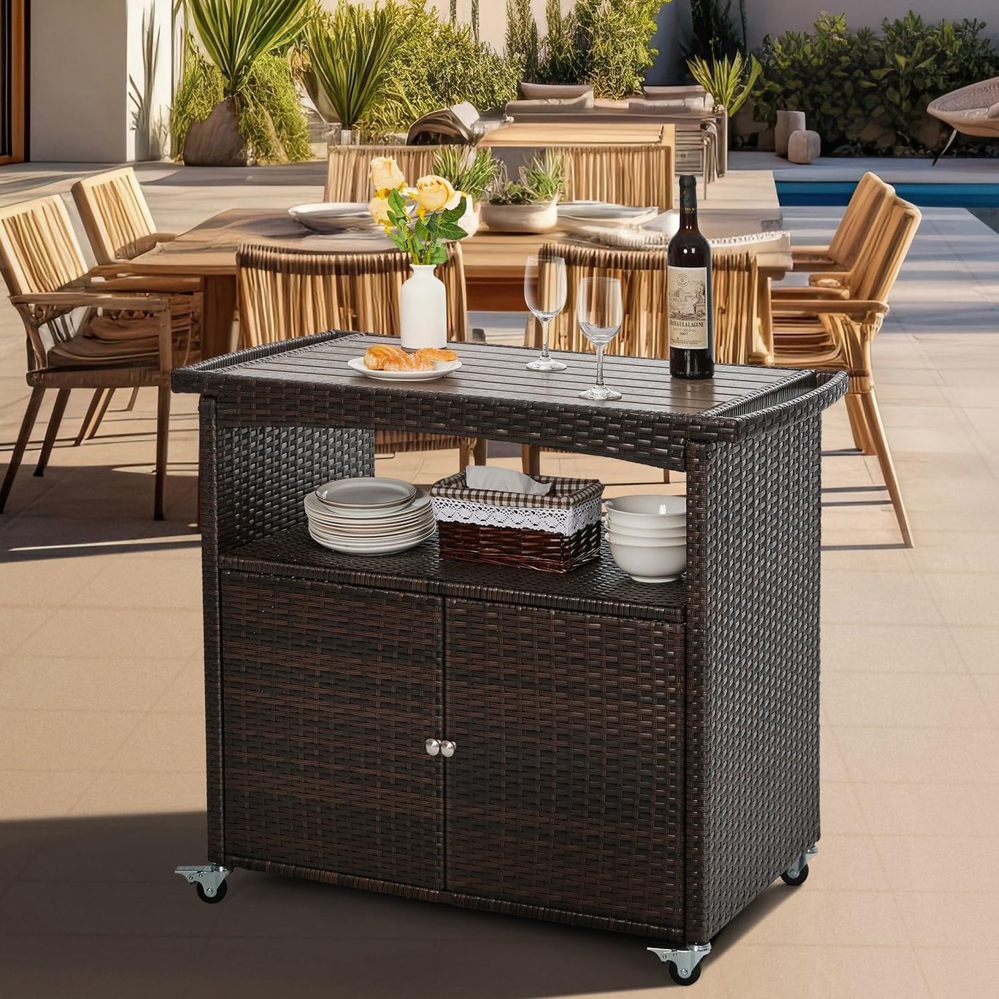 Outdoor Bar Cart with Storage Cabinet Patio Wicker Sideboard Buffet Cabinet Prep Table Outside Kitchen Serving Cart with Rolling Wheels & Handle Rattan Portable Bar Table with Shelves Doors Brown