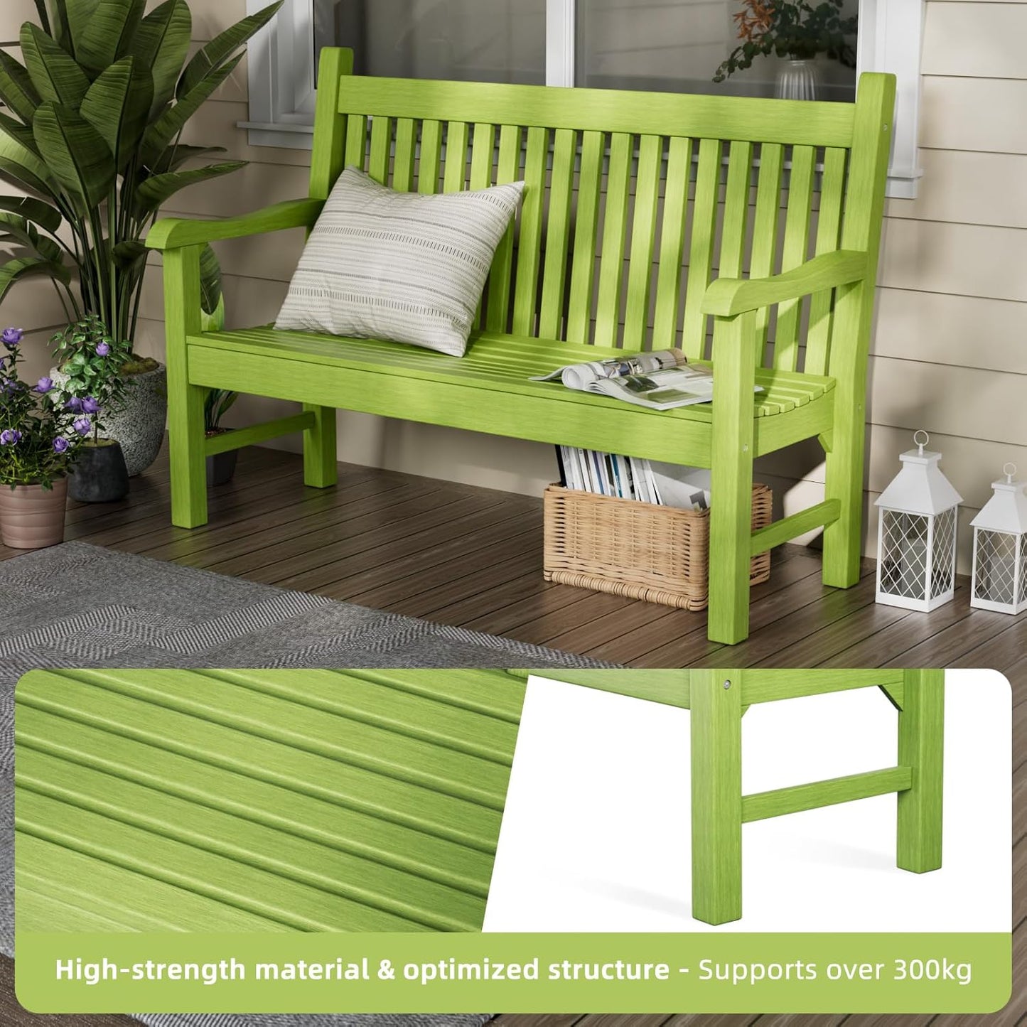 Outdoor Bench, 2-Person HDPS Garden Bench with 660 lbs Weight Capacity Outdoor Benches Weatherproof, All-Weather Fade/Rot Resistant Patio Bench for Park, Front Porch, Backyard Green