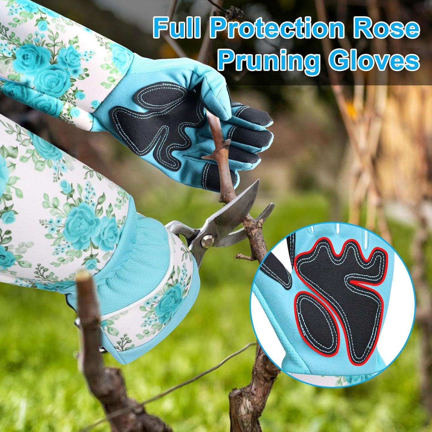 DLY Gardening Gloves for Women, Rose Gloves Gardening Thorn Proof, Long Garden Gloves for Women, Breathable & Durable Leather Gauntlet(Medium, Light Blue)