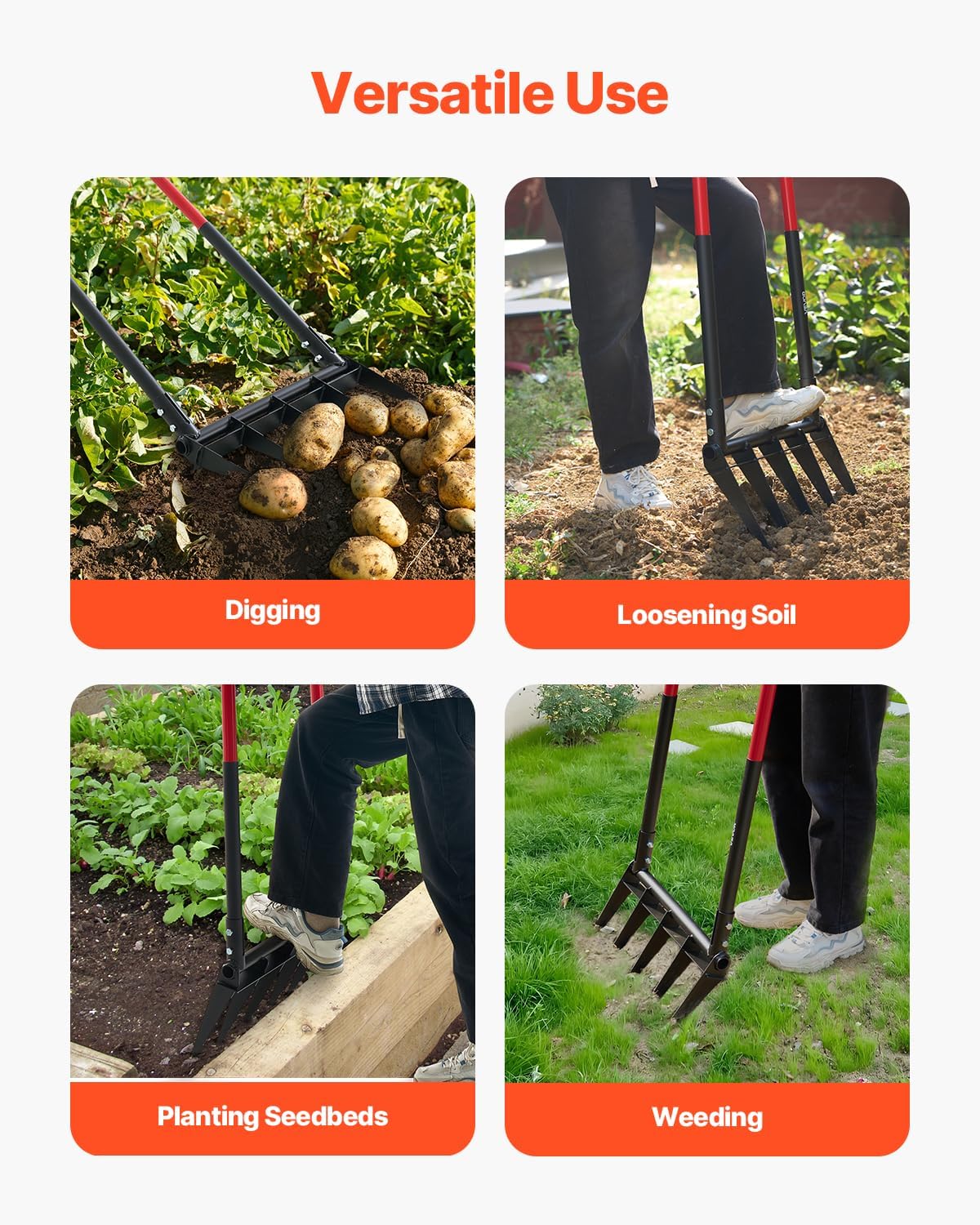 VEVOR Broad Fork, 5-Tine Pitchfork with Dual Fiberglass Handles, Heavy Duty Garden Fork, Ergonomic U-Shaped Design Broadfork Hand Tiller, Gardening Tool for Composting Transplanting Aeration