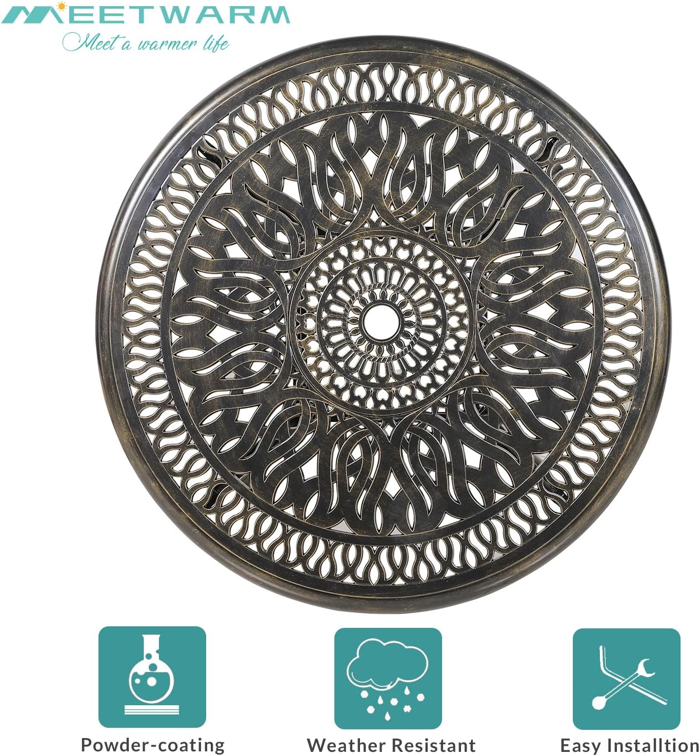 MEETWARM 3 Piece Patio Bistro Set, Outdoor All-Weather Cast Aluminum Dining Furniture Set Includes 2 Chairs with Cushions and a 35.4” Round Table with Umbrella Hole for Garden Deck, Navy Blue