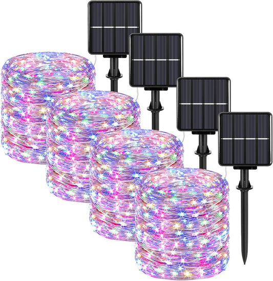 Extra-Long 288FT 800LED Solar Fairy String Lights, 4-Pack 72FT 200 LED Outdoor Twinkle Lights Waterproof, 8 Lighting Modes, Multicolor Silver Wire Lights for Deck Backyard Tree Garden Fence Pool Party