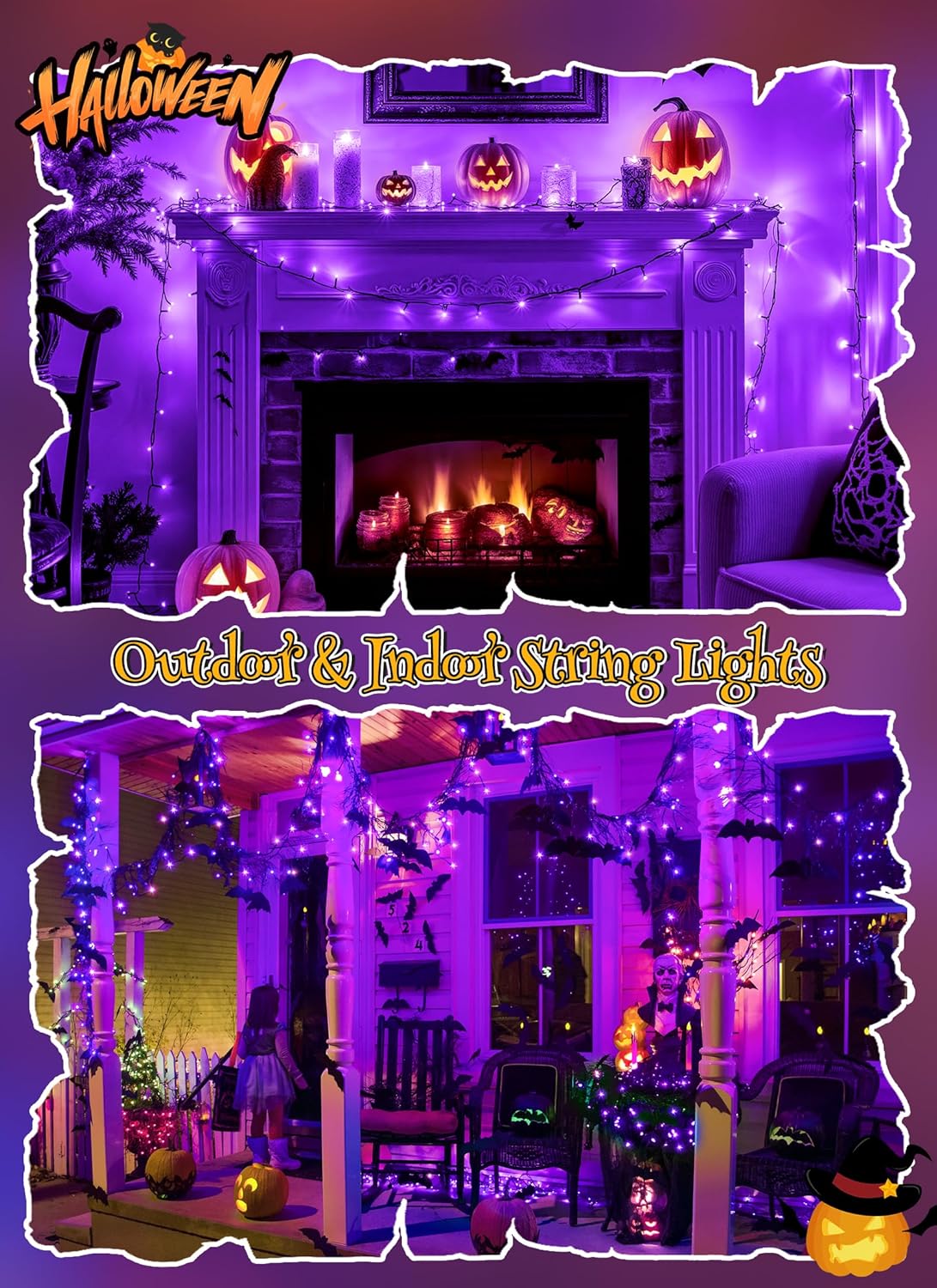 Brightown 4 Pack Halloween Solar String Lights, Total 184FT 480 LED Solar Lights Outdoor Waterproof Black Wire with 8 Modes, Solar Fairy Light for Garden Yard Patio Party Decors, Purple