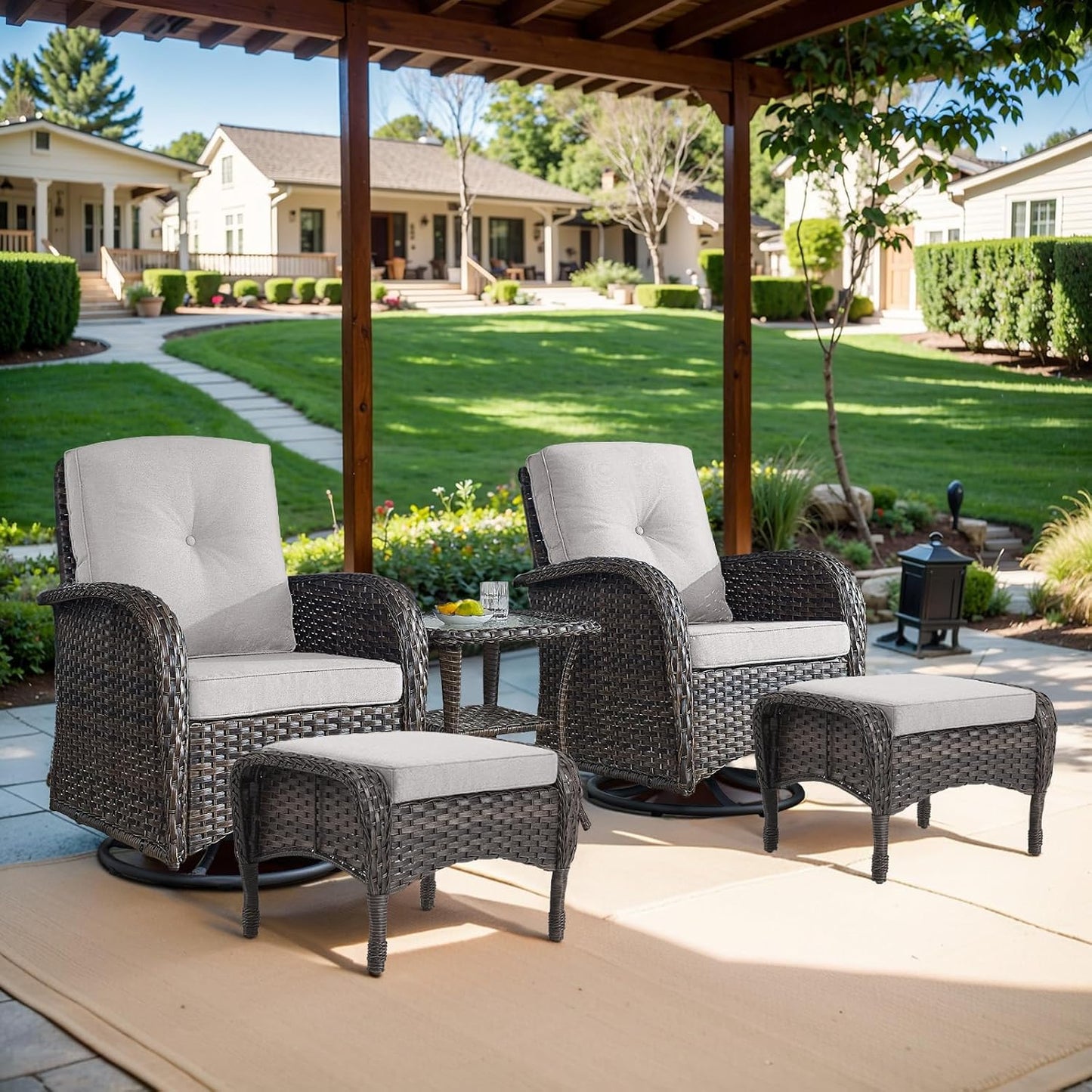 Small Conversation Sets Patio Funiture - 5 Piece Outdoor Swivel Rocker Wicker Furniture Sets with Ottomans Side Table Perfect for Patio Deck Backyard, Brown Wicker Beige Cushion