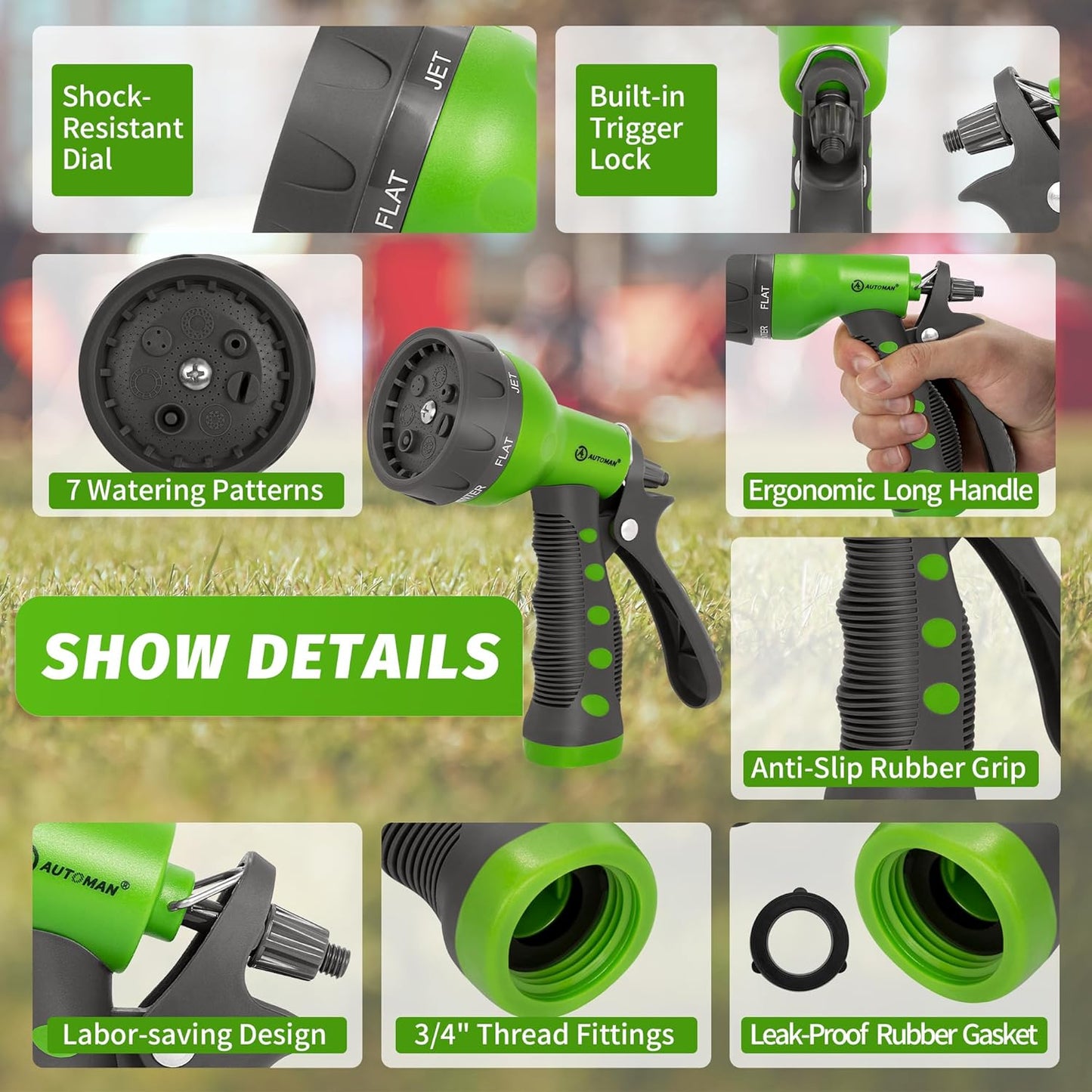 AUTOMAN-Garden-Hose-Nozzle,ABS Water Spray Nozzle with Heavy Duty 7 Adjustable Watering Patterns,Slip Resistant for Watering Plants,Lawn& Garden,Washing Cars,Cleaning,Showering Pets - Green