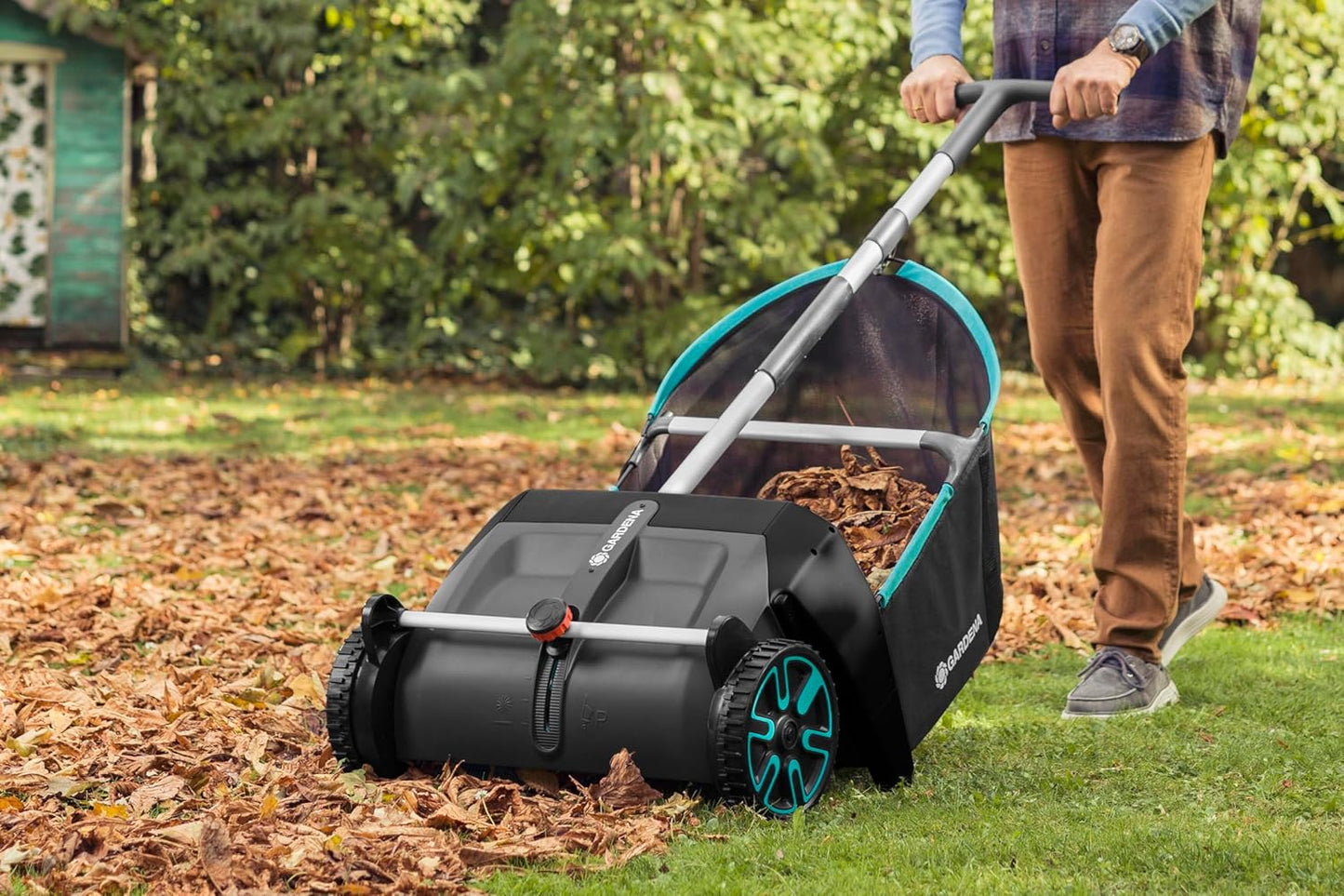 GARDENA (03565) Lawn and Leaf Collector, Durable and Easy to Manuever Push Lawn and Leaf Sweeper with Large Capacity 3.2 cu. ft. Mesh Collection Hopper Bag, 5 Year Warranty