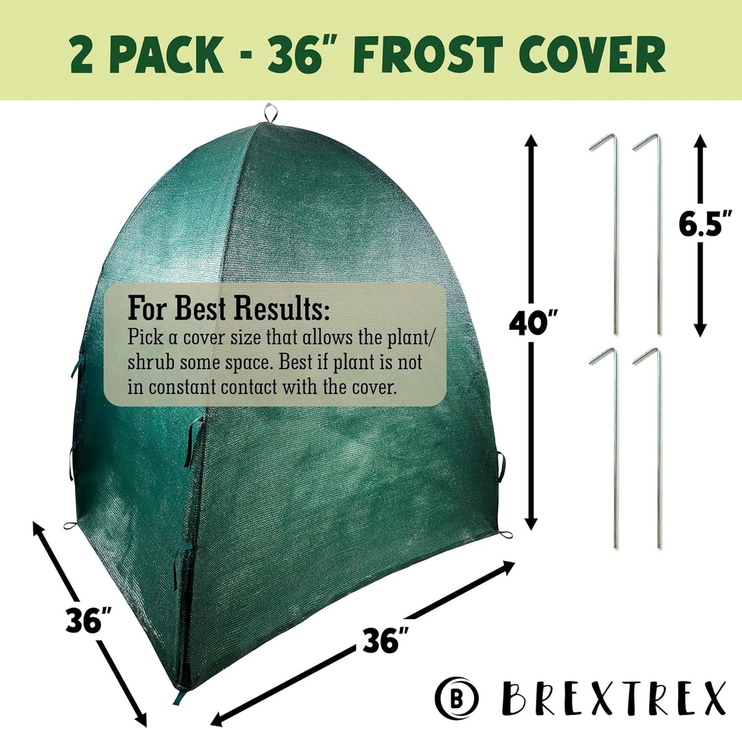 Winter Plant Cover Freeze Protection Tents 2 Pack-Protect Shrubs from Snow, Frost, Animals, Freezing Temperatures - Complete with Soft Garden Ties (36" x 36" x 40", 2 Pack, green with stakes)