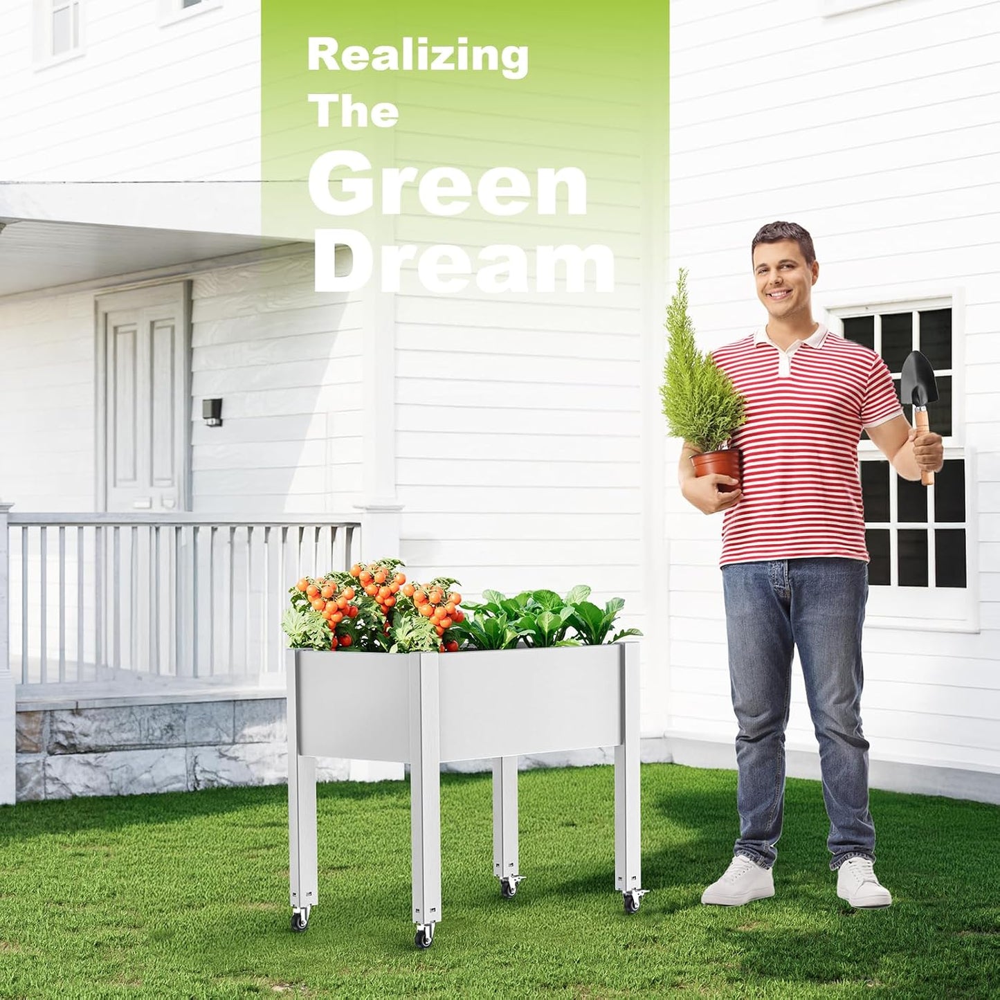 Horticulture Raised Garden Bed with Legs, Divisible Raised Resin Planter Box for Backyard, Patio, Balcony, with 4 Legs & 4 Swivel Lockable Wheels(Ashen,30.04 * 17.72 * 28.9)