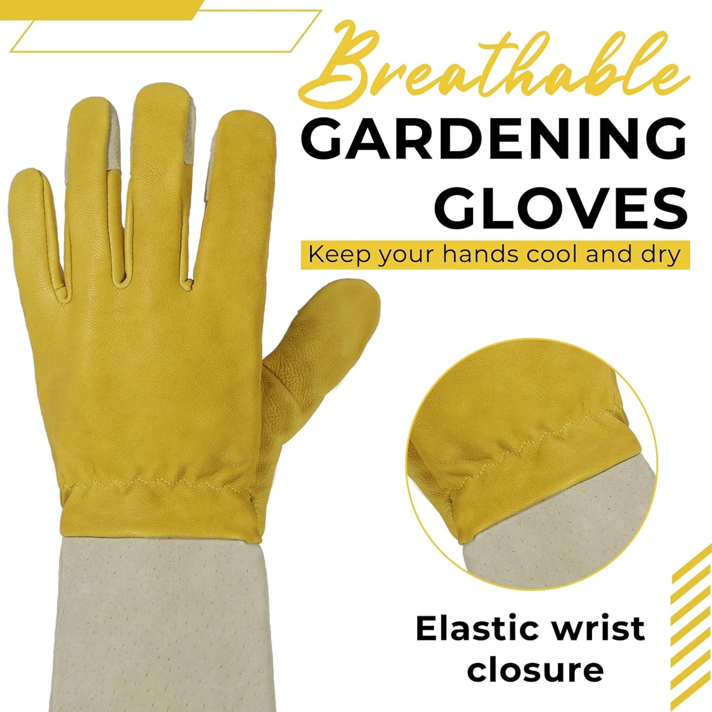 HANDLANDY Rose Pruning Gardening Gloves for Men Women, Thorn Proof Forearm Protection Leather Garden Gloves, Gardening Gifts for Gardeners (Yellow- goatskin, Small (Pack of 1))