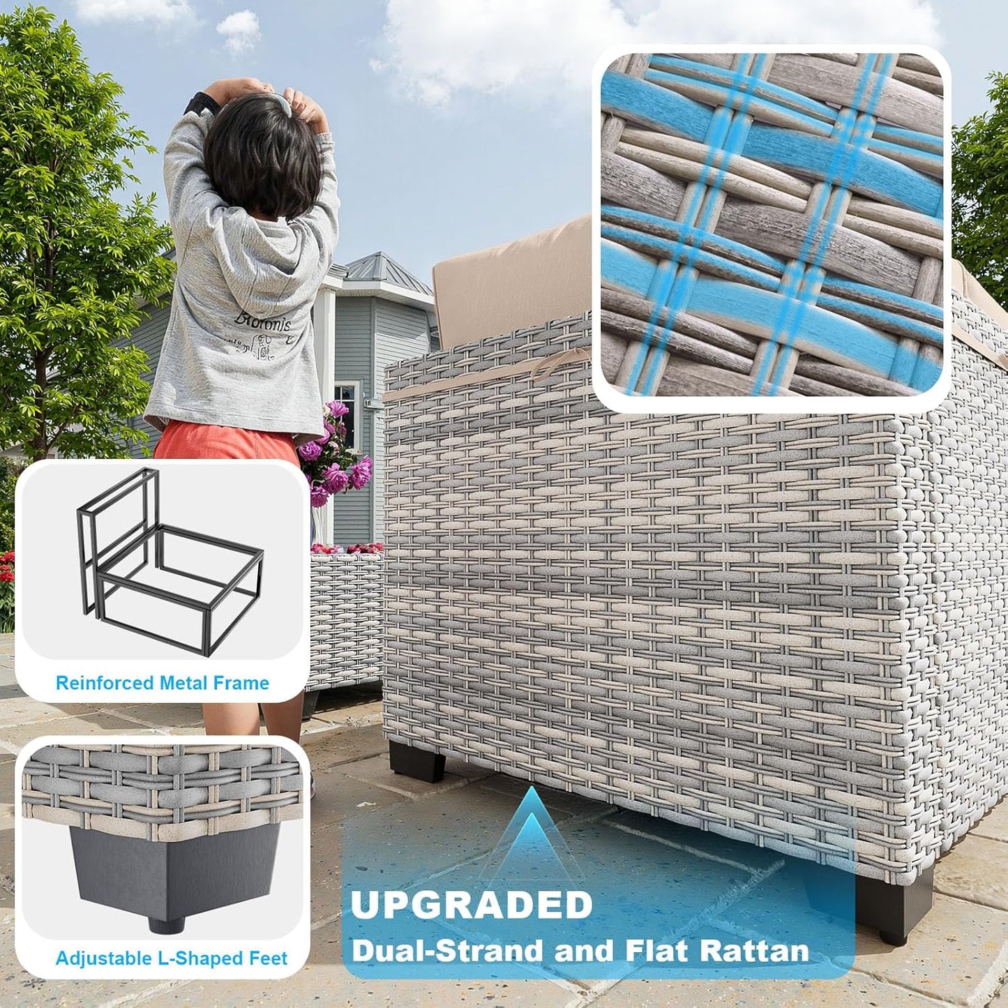 17-Piece Patio Furniture Set, Outdoor Patio Furniture with Swivel Chairs Set, Thick Cushions, Modular Patio Sofa, Dual-Strand Wicker Rattan, Rust-Resistant Frame, Khaki