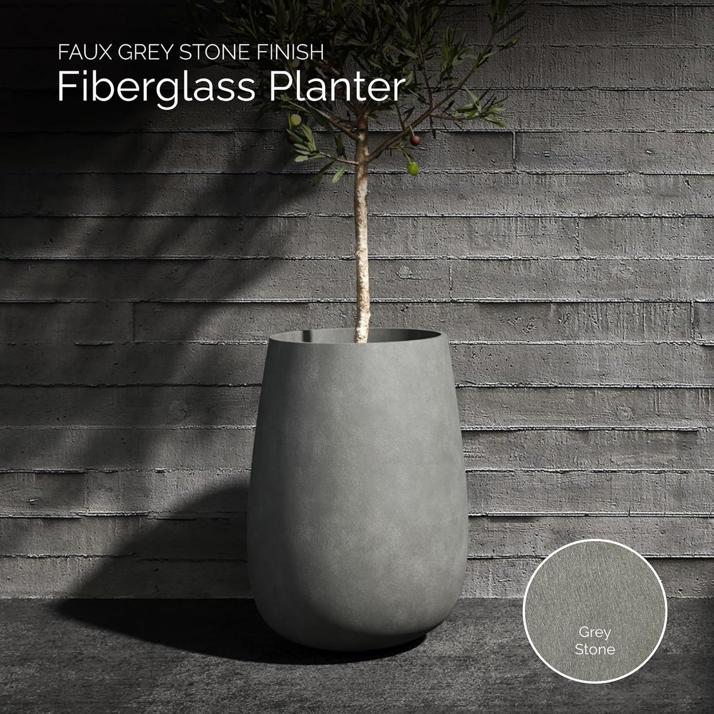 Mondo High Tall Planter – Grey Stone Finish – Fiberglass Indoor/Outdoor and Weather-Resistant Round Planter (17.7" D x 30.9" H Exterior, 16.5" D x 30.7" H Interior)