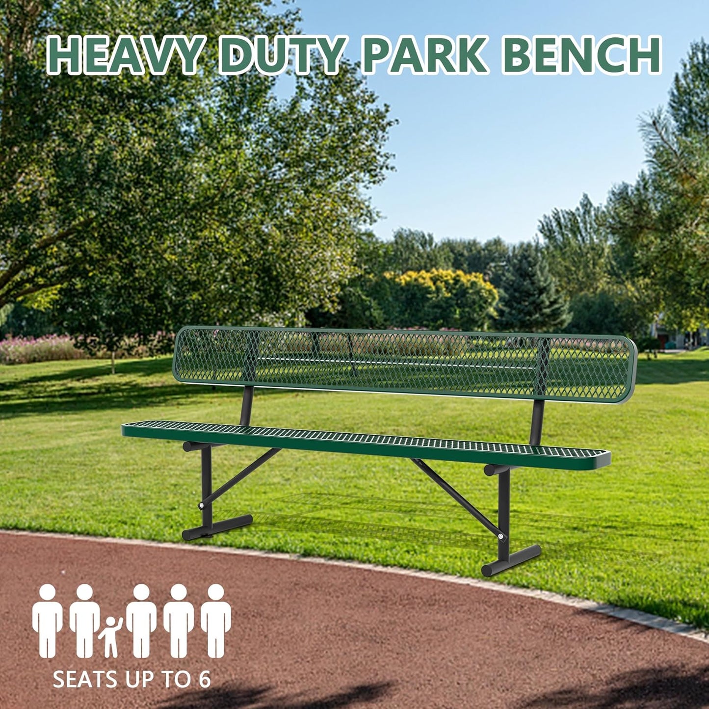 8FT Benches for Outside, Heavy-Duty Green Outdoor Garden Bench with Back, Metal Park Bench, Commercial-Grade Seating,Industrial Bench Patio Bench Furniture for Beach Yard School Shopping Centers