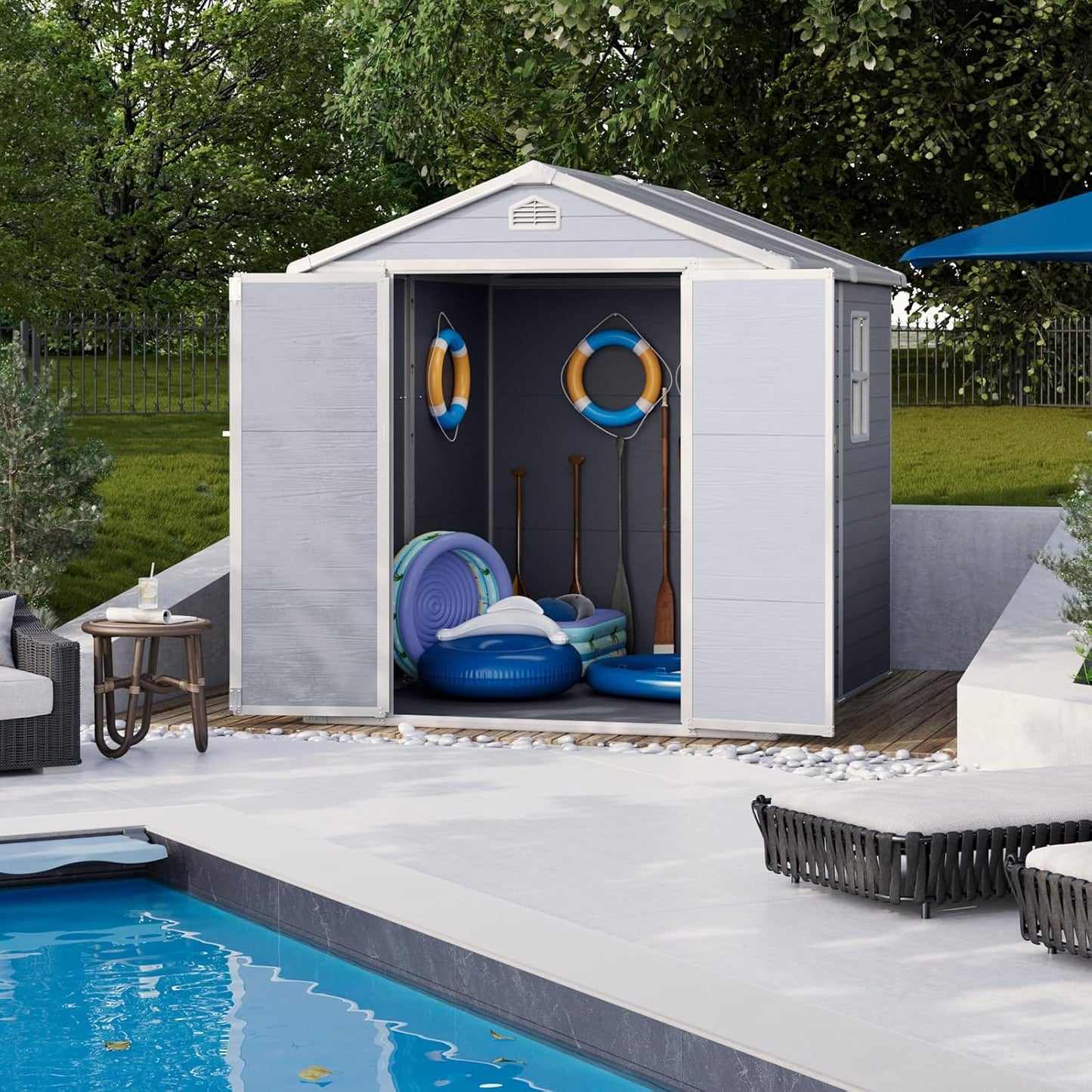 Storage Shed Plastic Outdoor Storage Shed Waterproof Container House with Lockable Door and Transparent Window for Garden, Lawn, Backyard, Patio (6x8FT)