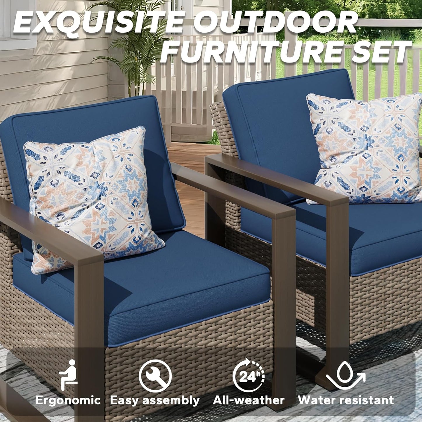 Wicker Patio 75" Sofa Set with Two Armchairs, All Weather Rattan Outdoor Conversation Furniture Set with Wood-Looking Metal Armrest & Removable Cushions for Deck Backyard Porch, Dark Blue