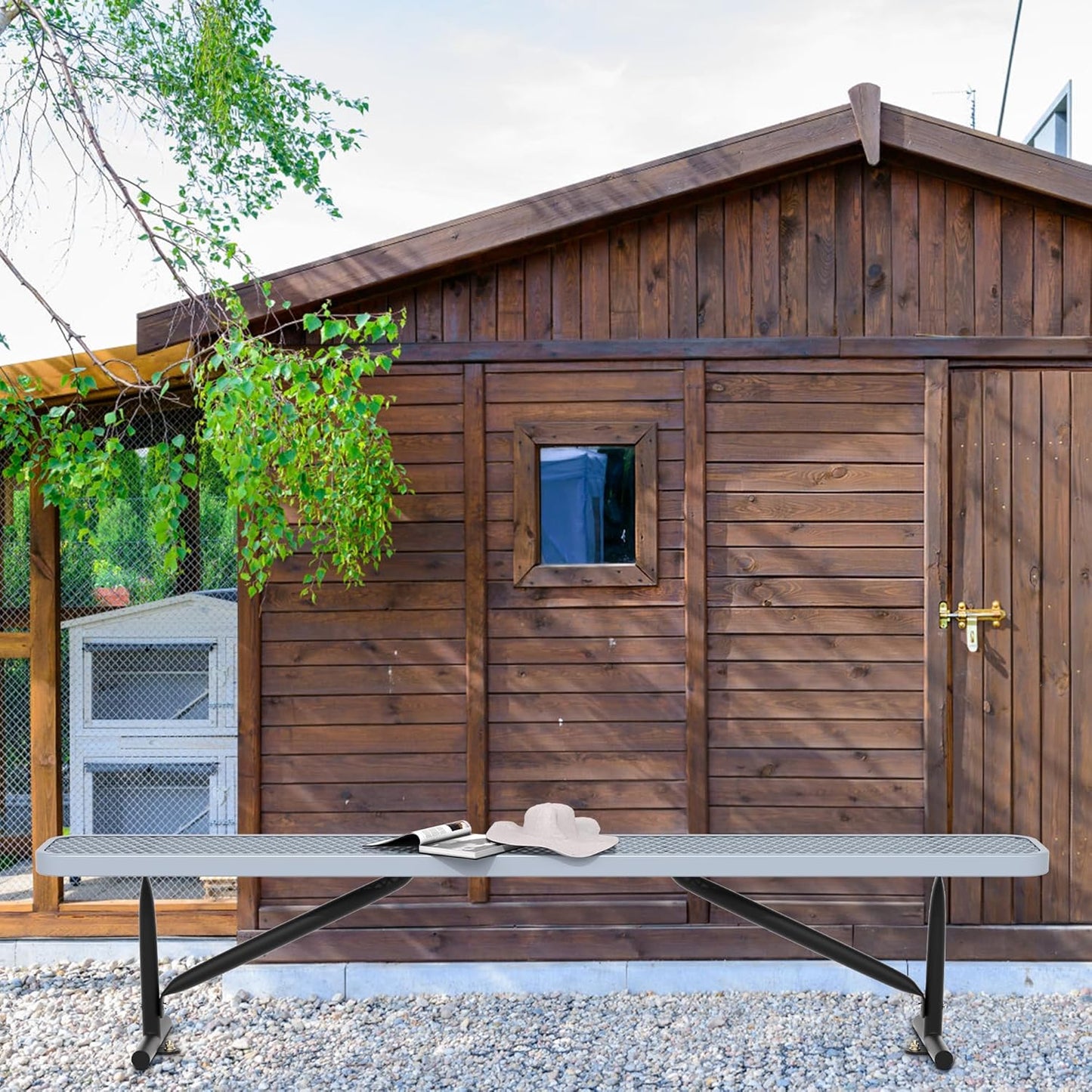 8 Feet Heavy Duty Metal Park Bench for Outside, Outdoor Bench with Portable Frame, Commercial Benches for Shopping Mall, Store, Park, Patio, Deck, Grey