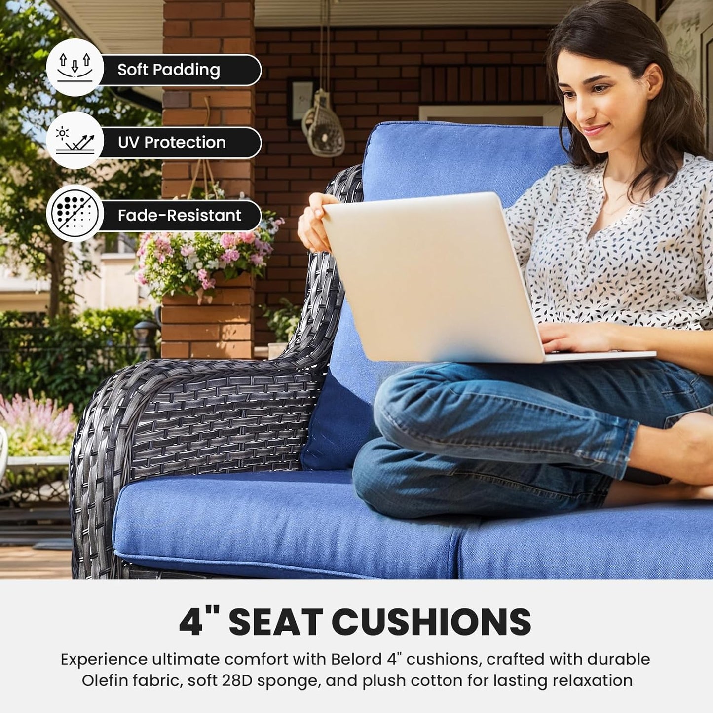 Outdoor Furniture 3-Seater Rattan Sofa Patio Wicker Sofa Couch Furniture Set with Washable Cushions