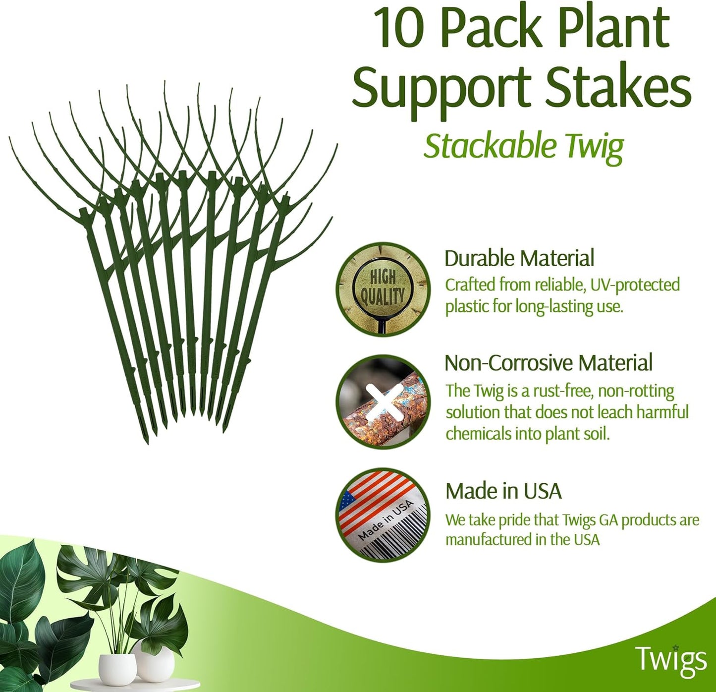 Stackable Plant Support Stakes, Stem Holder Structure for Indoor & Outdoor Use, Garden Accessories for Climbing & Potted Plants, Trellis Alternative - Monstera (Dark Green), 10 Pack, 17" L