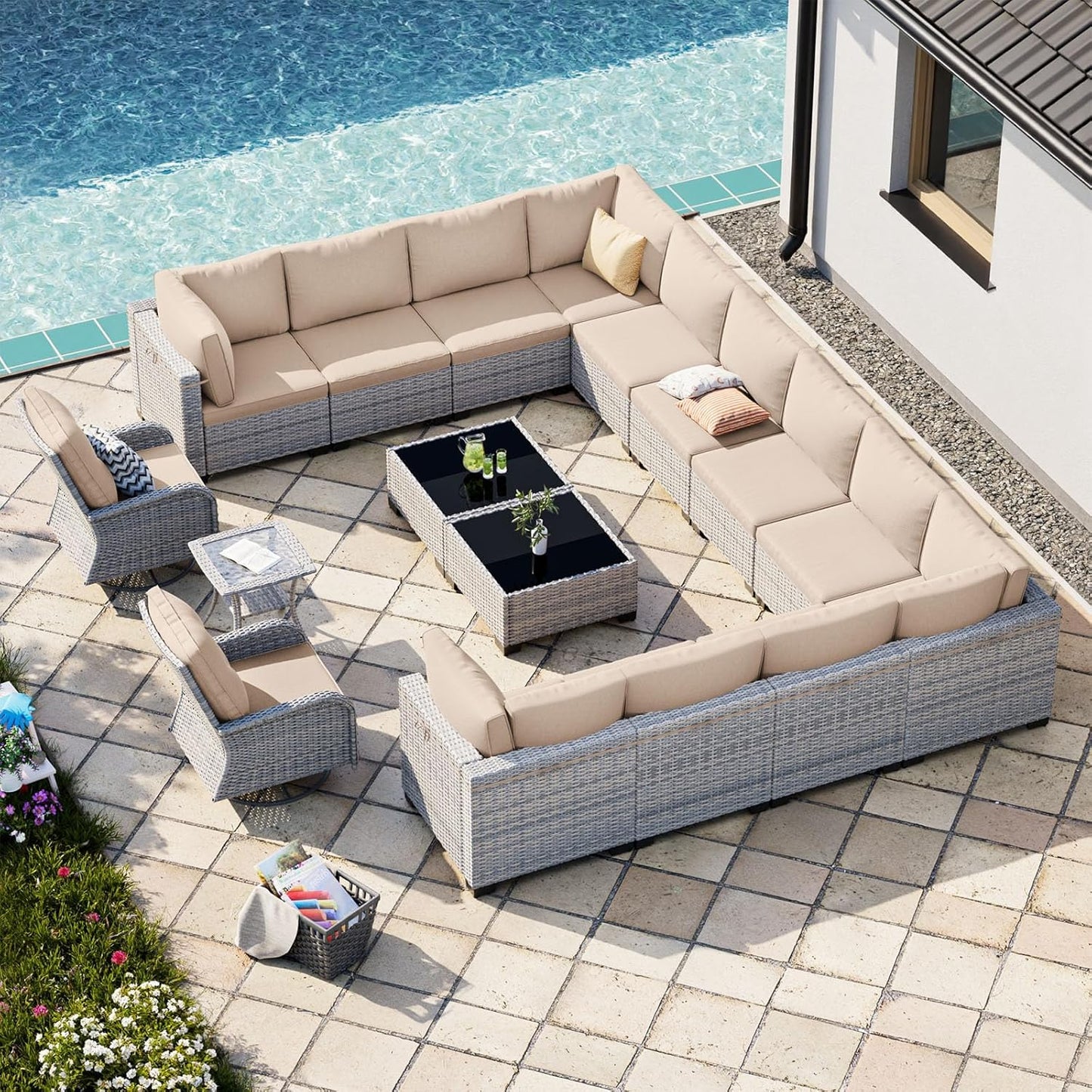 17-Piece Patio Furniture Set, Outdoor Patio Furniture with Swivel Chairs Set, Thick Cushions, Modular Patio Sofa, Dual-Strand Wicker Rattan, Rust-Resistant Frame, Khaki