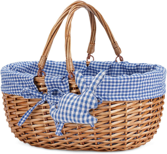 G GOOD GAIN Wicker Picnic Basket with Double Folding Handles,Willow Picnic Hamper,Natural Hand Woven Easter Basket,Easter Eggs and Candy Basket,Bath Toy and Kids Toy Storage,Gift Packing Basket.Blue