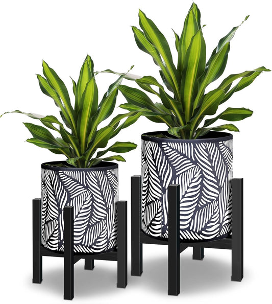 10 & 12 Inches Plant Pot with Stand Set of 2, Decorative Palm Leaves Printing Planter with Holder, Garden Pot for Snake Plant, Monstera, Houseplants - Indoor Outdoor Flower Pots with Drainage Holes
