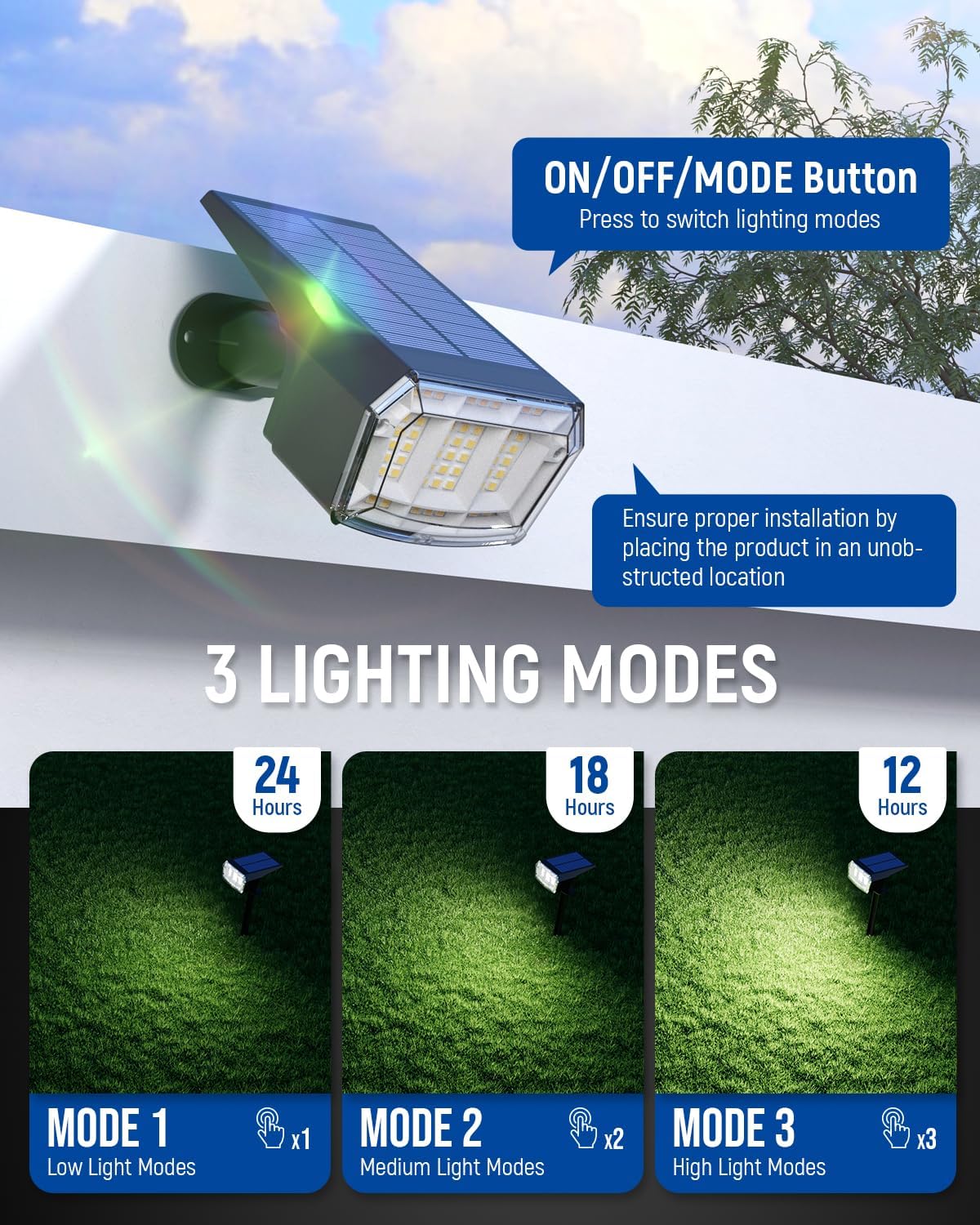 Solar Spot Lights Outdoor 63 LED 3 Lighting,Waterproof IP65 Modes Spotlights for Outside House Yard Garden Landscape Lights 2 Pack (Natural Light)