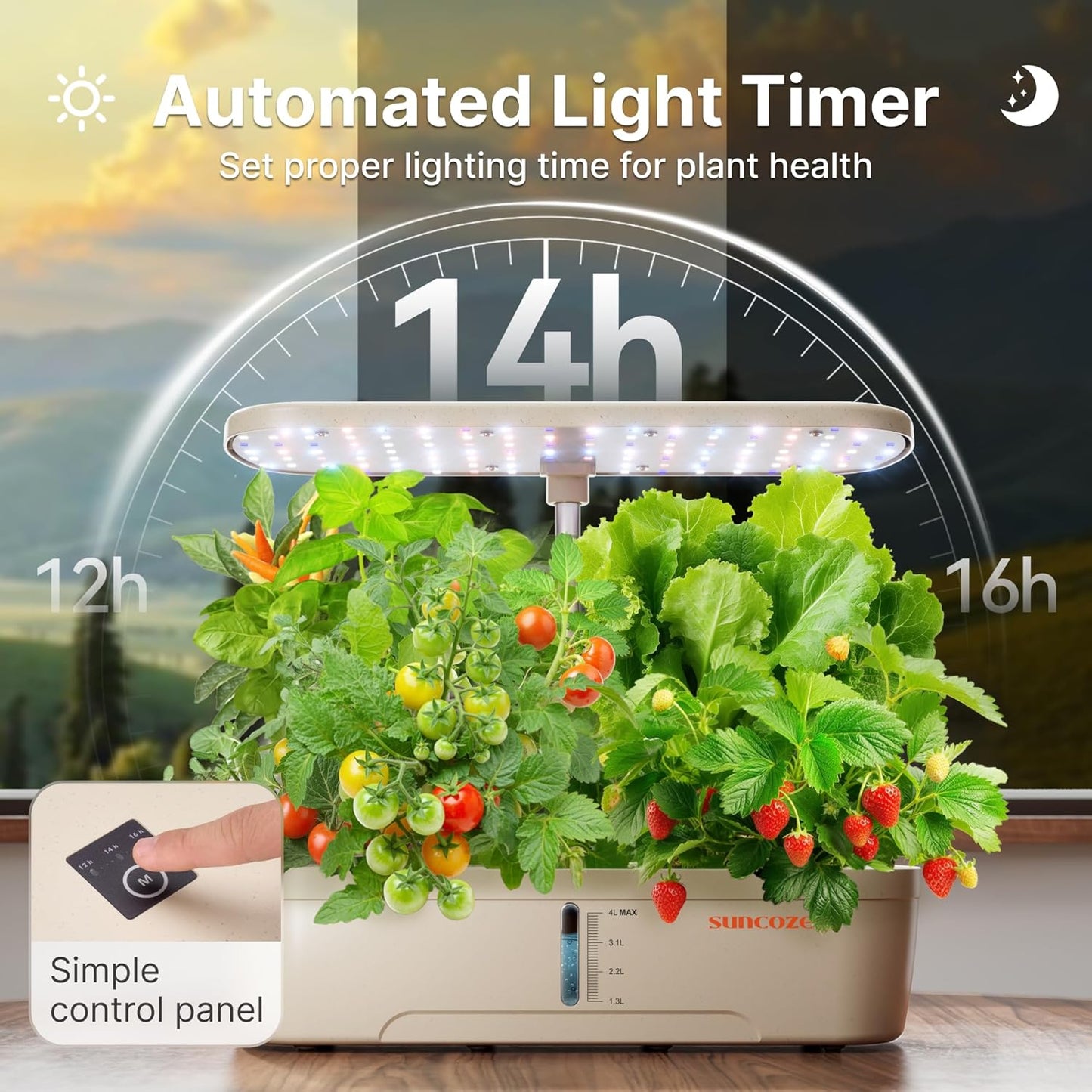 SUNCOZE Hydroponics Growing System Kit 12 Pods, Indoor herb Garden with 20W LED Grow Light, Visible Water Tank with Pump, 2.2"-12.4" Adjustable Height Indoor Gardening System, Gardening Gifts, Beige