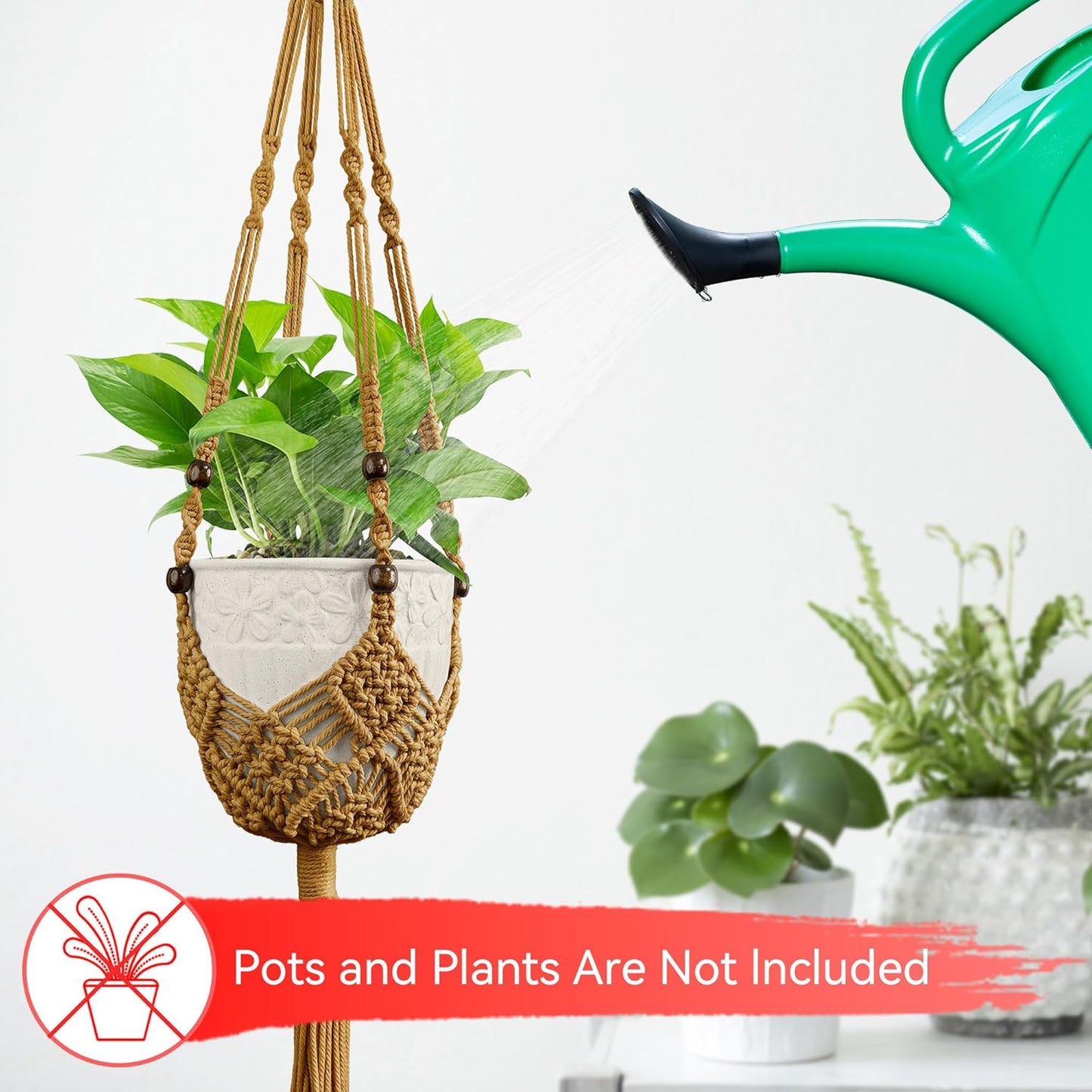 USLAI Macrame Handmade Basket Plant Hanger (2-Pack), for 3-8 Inch Pots, Indoor Outdoor Strong Hanging Planter Flower Pot Holder with Beads and Tassels, Boho Home Decor (POTS NOT Included) (Brown)