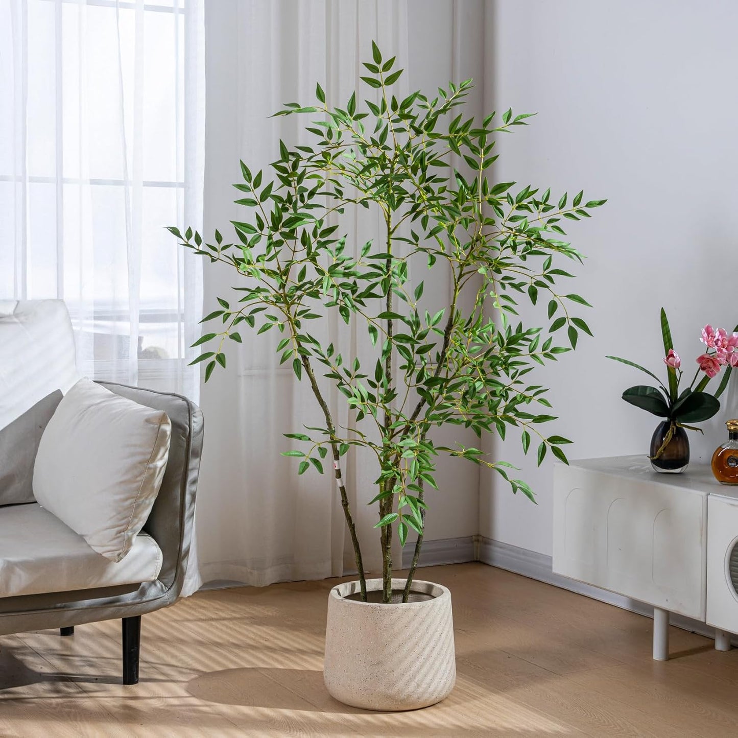 4.6ft Faux Bamboo Tree Artificial Nandina Tree Artificial Indoor Plants Realistic Fake Potted Tree with 800+ Leaves, Cement Planter - Home Office Decor Perfect for Housewarming Gift Non-Toxic