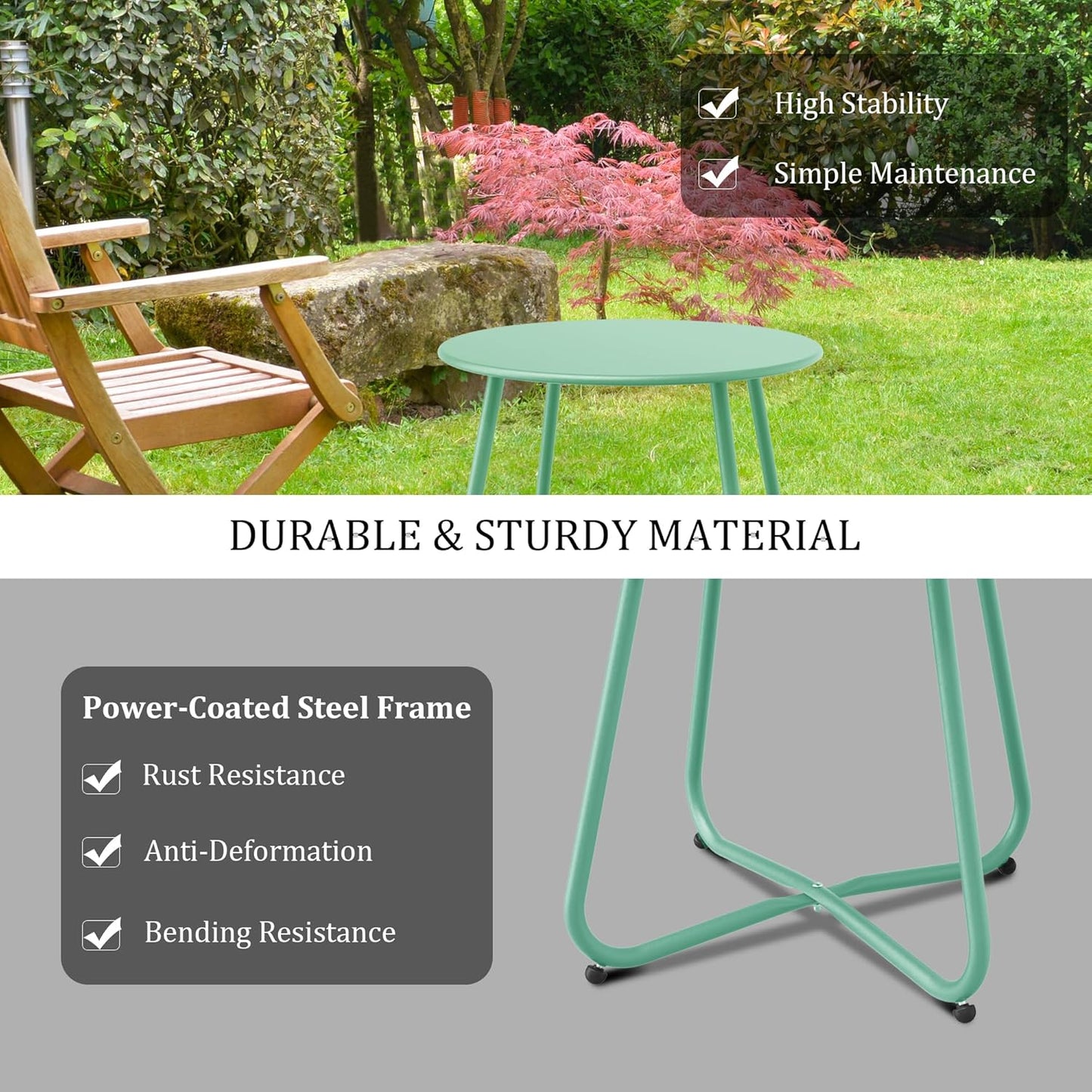 Patio Side Table Waterproof Round Metal Steel Weather Resistant Portable Outdoor and Indoor End Table for Garden Balcony Yard, Bean Green