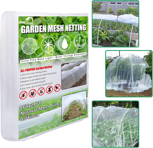 SnugNiture Garden Netting 8x24FT Ultra Fine Mesh Mosquito Netting Plant Covers, White Bird Netting Barrier Greenhouse Row Cover Protect Fruits Flower Vegetables from Birds Deer & Squirrels