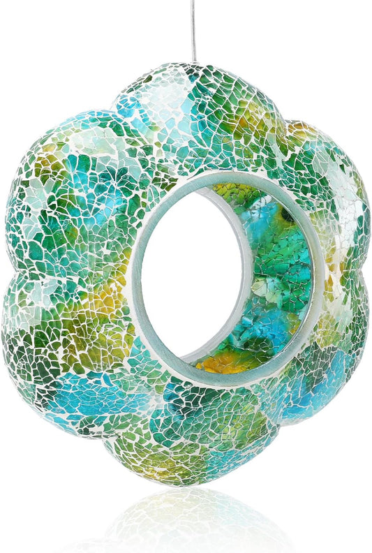 Yinns 9 Inch Large Mosaic Bird Feeders for Outside Hanging Fly Through Bird Feeder with Flower Shape Glass Birdfeeder for Garden Decor