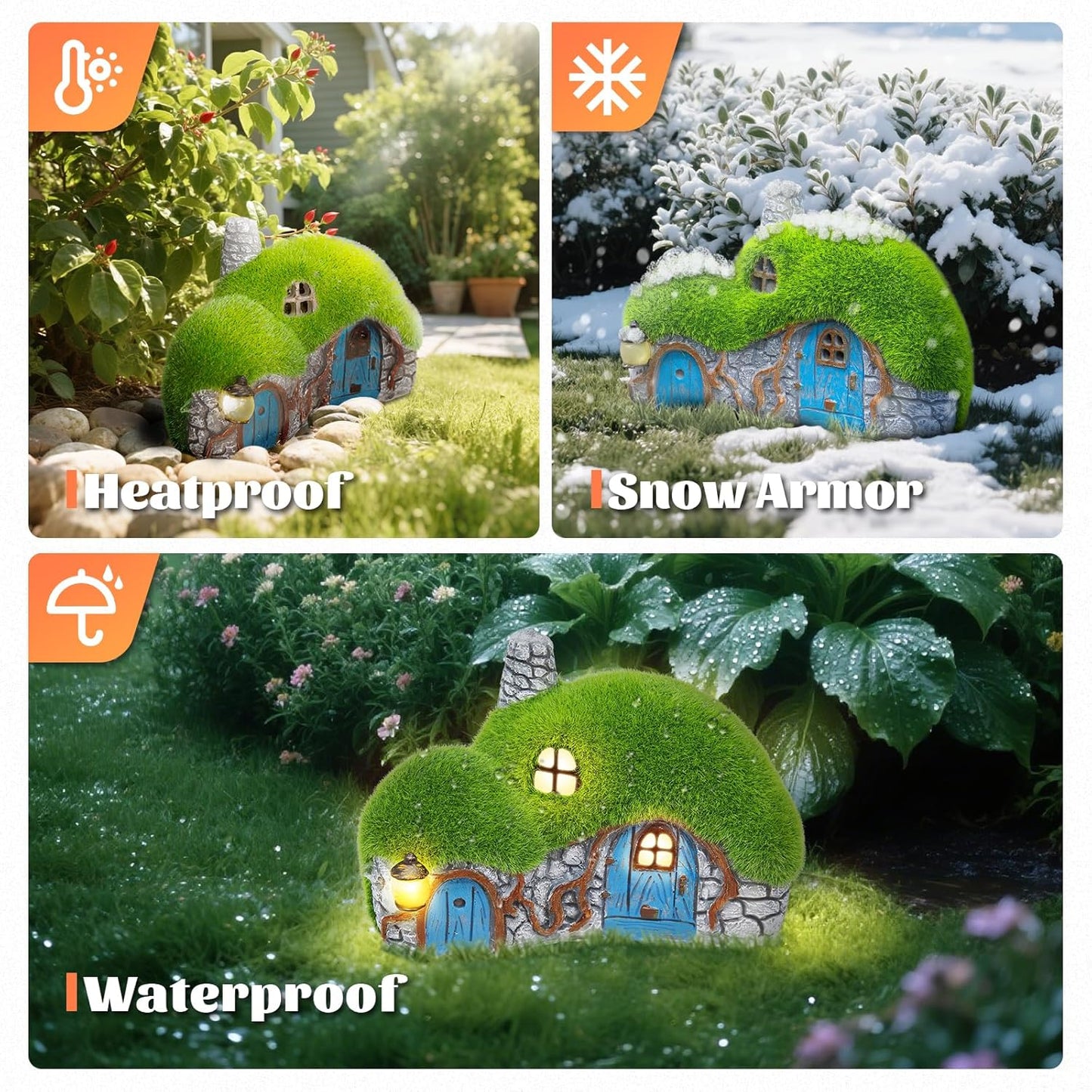 Outdoor Figurine Lights Garden House Statue - Outdoor Statues with Solar Lights Garden Cottage Lighting Figurines for Home or Yard Decor