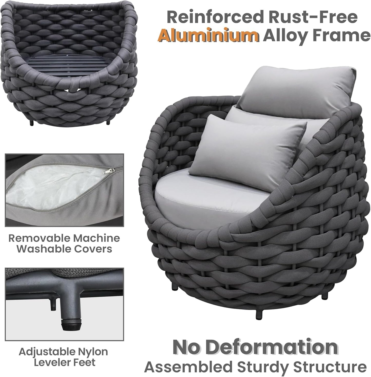 Front Porch Furniture Set: 5 Pieces Woven Rope Patio Conversation Set Aluminum - All Weather Cushioned Outdoor Sofa Set Assembled - Metal Modern Couch Set for 400lbs Deck Garden Poolside Hotel