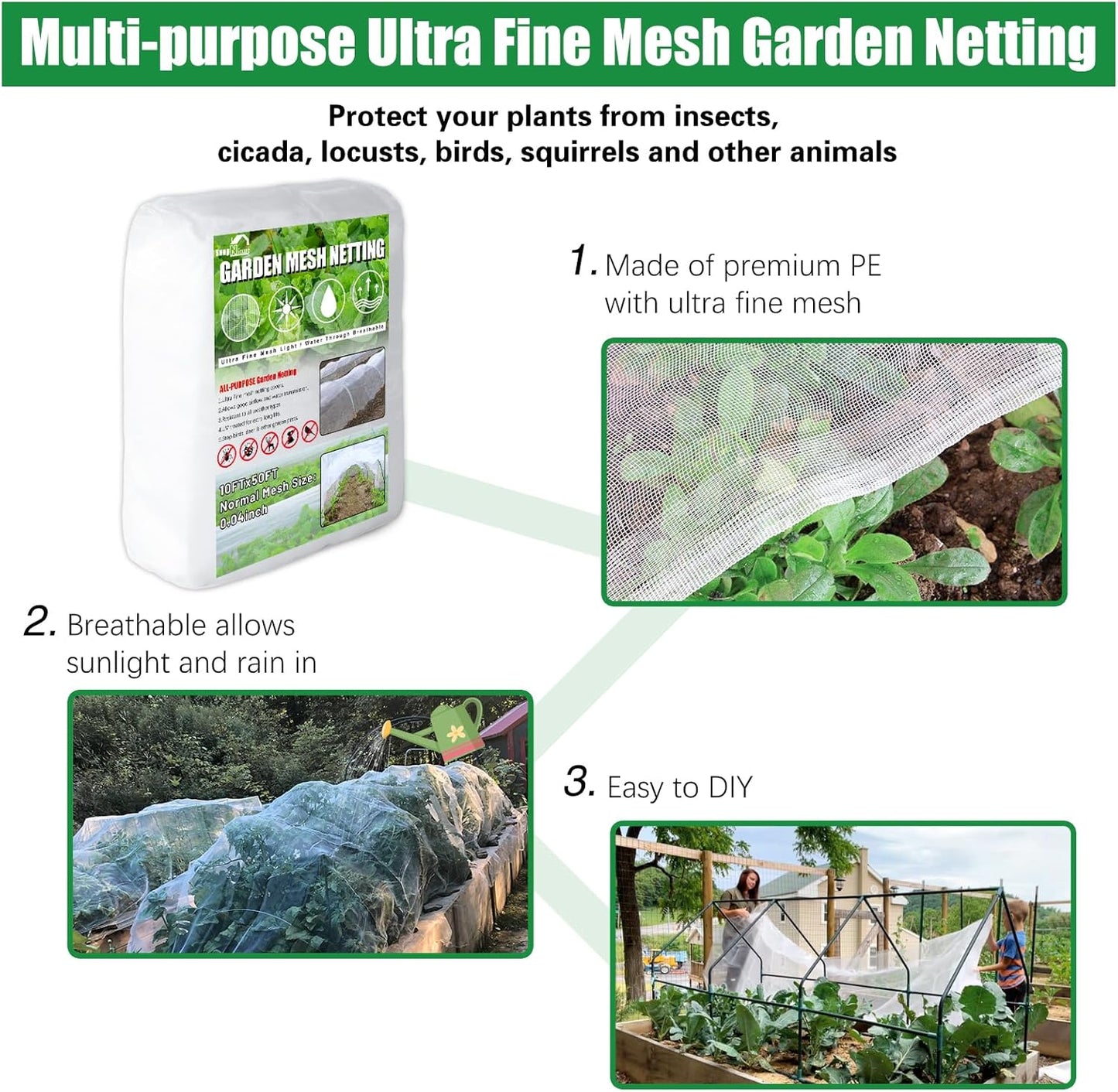 SnugNiture Garden Netting 10x50FT Ultra Fine Mesh Mosquito Netting Plant Covers, White Bird Netting Barrier Greenhouse Row Cover Protect Fruits Flower Vegetables from Birds Deer & Squirrels