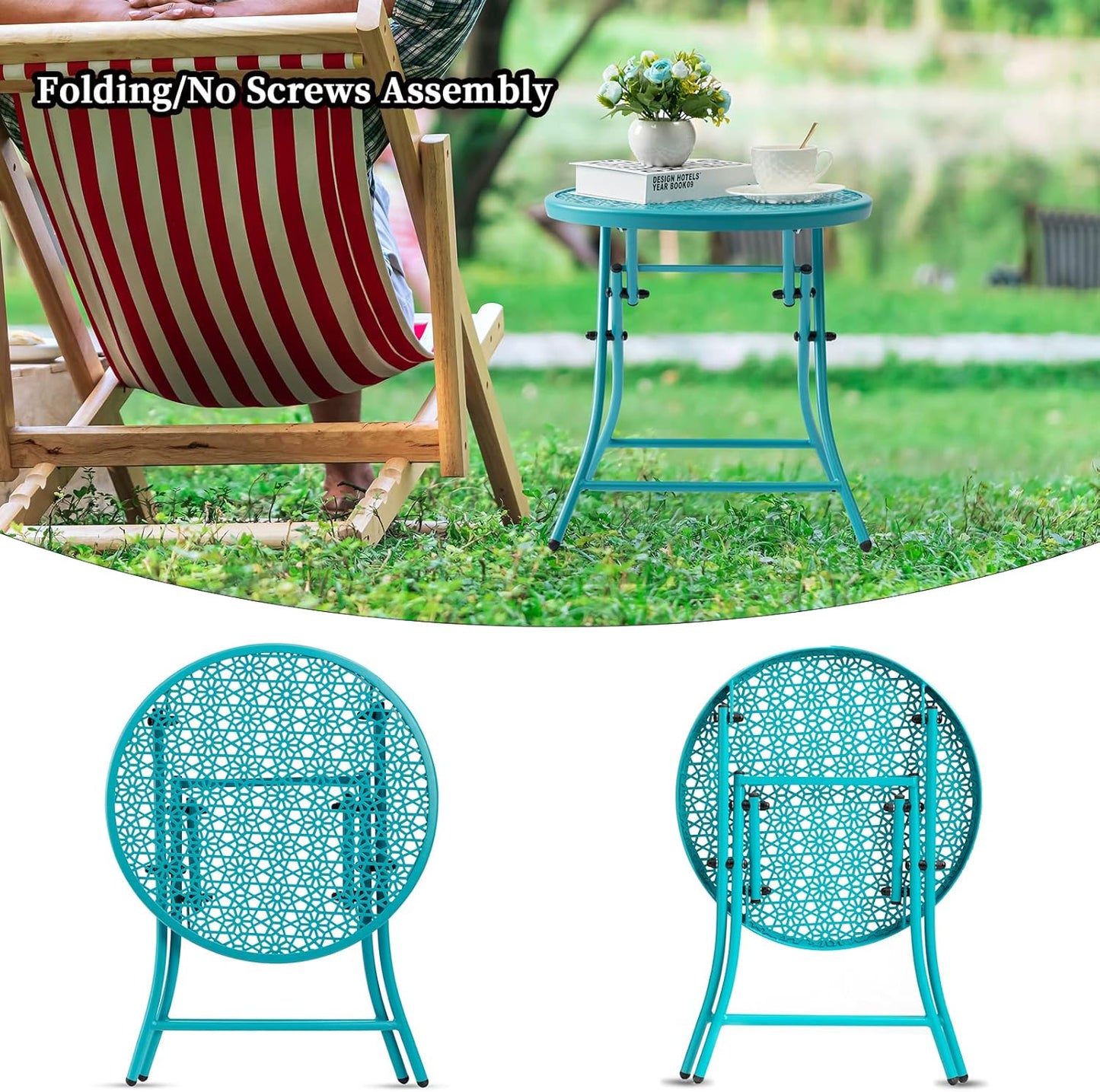 TeoKJ Folding Outdoor Side Tables, Anti Rust Small Patio Table Round Metal Nightstand with Flower Cutouts for Porch Yard Balcony Deck Lawn, Blue