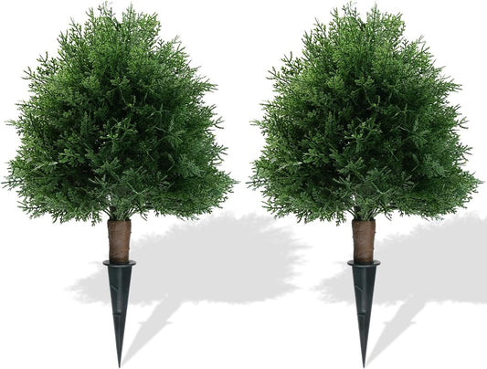 20" Artificial Cedar Topiary Ball Trees with Ground Spike, 2 Pack UV Resistant Artificial Shrubs, Fake Evergreen Artificial Plant Brush for Indoor Outdoor Front Porch Garden