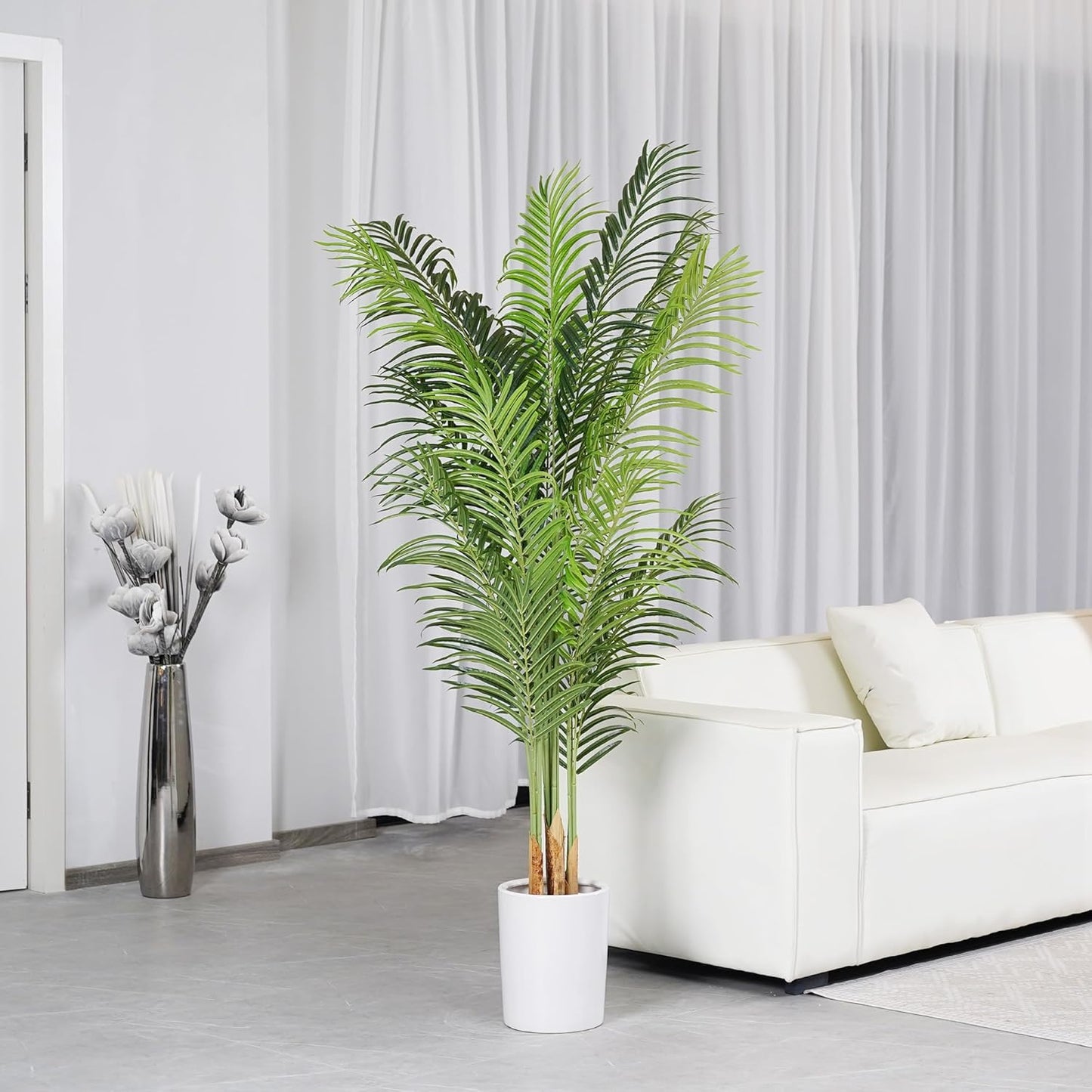 Artificial Palm Tree 6Ft Faux Silk Green Realistic Decorative Tall Fake Potted Plants Artificial for Bedroom Living Room Office Home Decor Indoor Outdoor