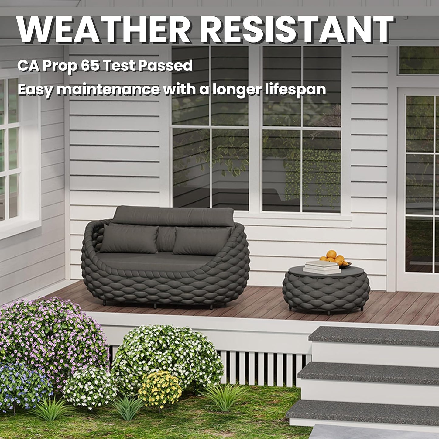 Patio Loveseat with Table: Aluminum Hand Woven Rope 2 Piece Patio Furniture Set - Cushioned Outdoor Seating Set - Modern Metal Lounge Set Assembled for Porch Balcony Deck Garden Hotel, Dark Grey