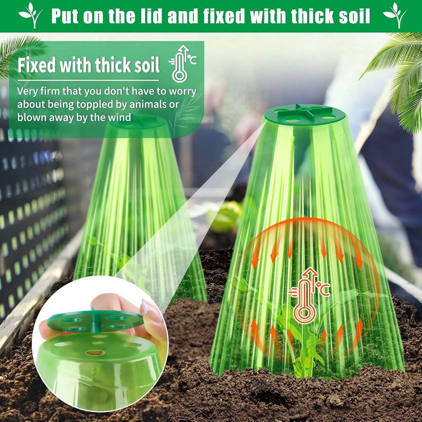 UQM 50 Pack Garden Cloches for Plants, Reusable Bell Plant Protector with Rotary Vent Cover, Garden Protection from Animals Snails Birds Chickens Insect, 9.18" H X 7.56" D (Green)