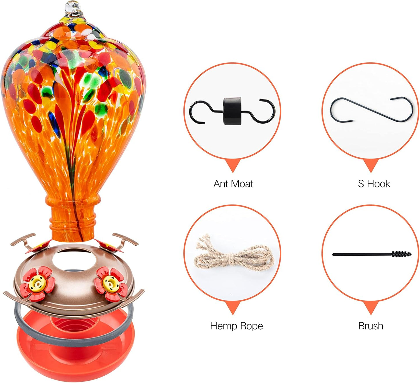 Muse Garden Hummingbird Feeders for Outdoors Hanging, Blown Glass Hummingbird Feeder Gifts for Mom, Garden Decor for Outside, Unique Gifts Idea for Women, 34OZ, Orange Fireworks