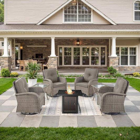 7-Piece Modern Gray Wicker Patio Conversation Set - 4 Swivel Glider Chairs & 50,000 BTU Propane Fire Table